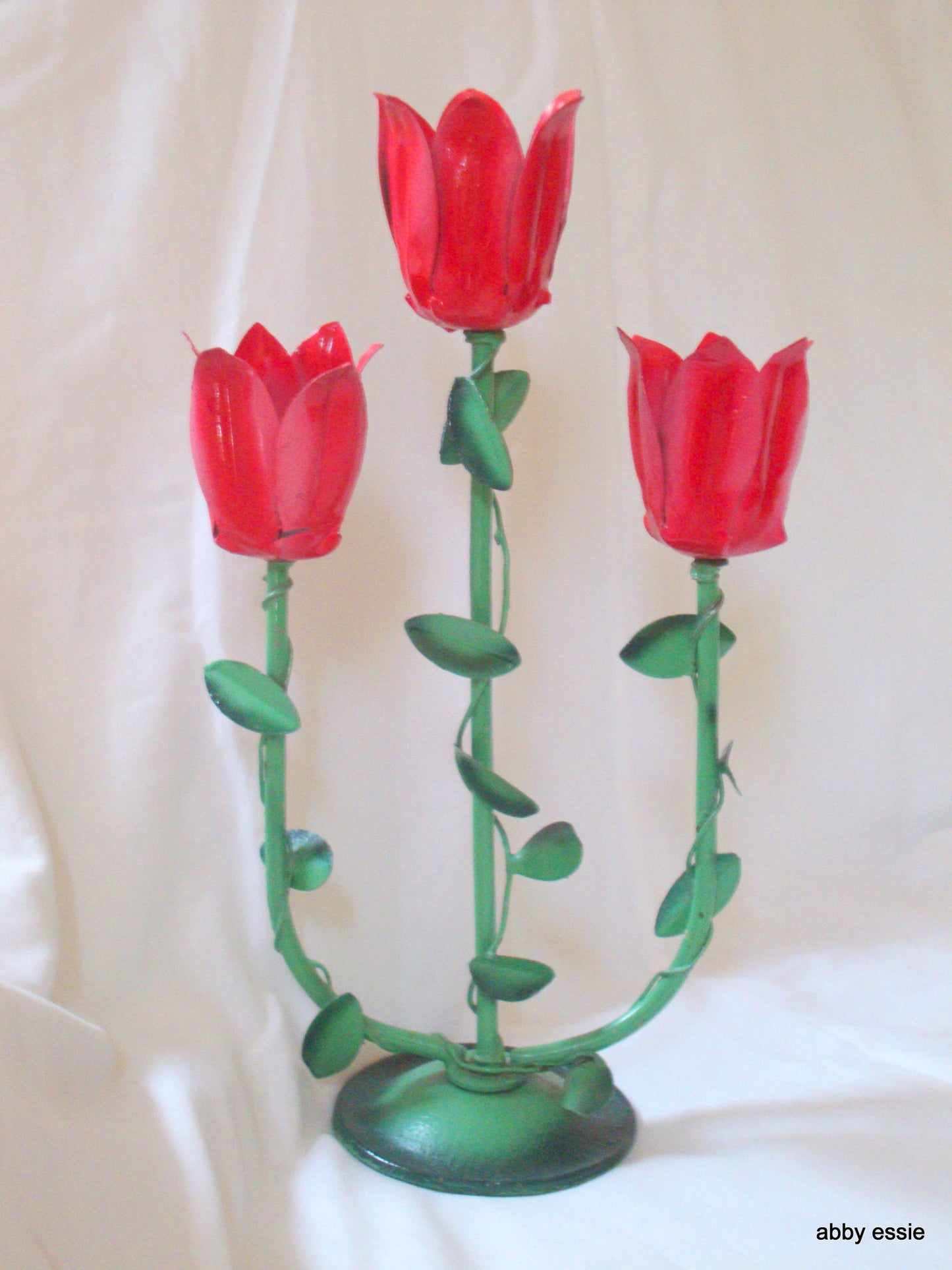 MID CENTURY MODERN JERE VINTAGE METAL SCULPTURE FLORAL RED ROSE CANDLE HOLDER CA Abby Essie