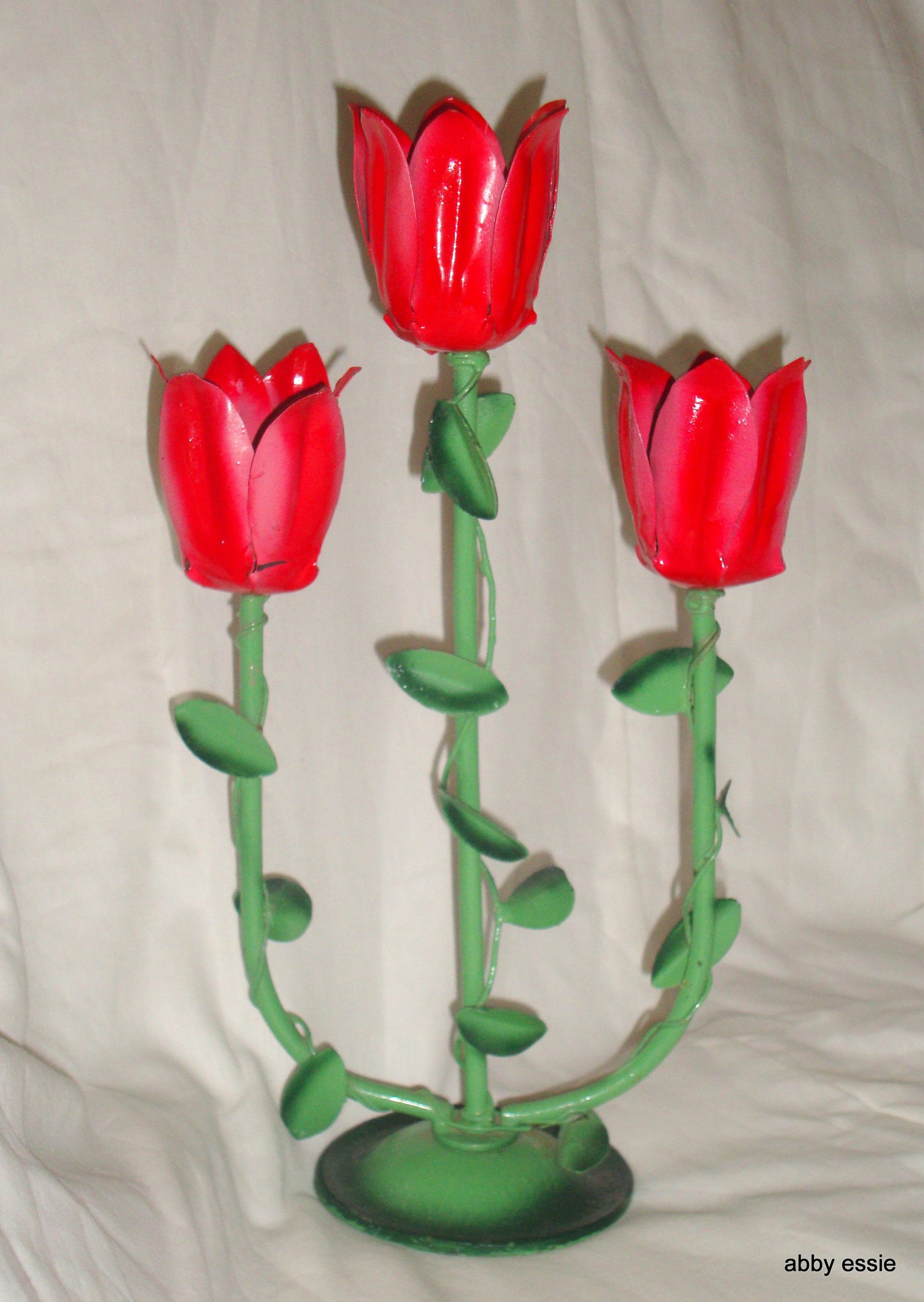 MID CENTURY MODERN JERE VINTAGE METAL SCULPTURE FLORAL RED ROSE CANDLE HOLDER CA Abby Essie