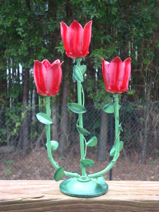 MID CENTURY MODERN JERE VINTAGE METAL SCULPTURE FLORAL RED ROSE CANDLE HOLDER CA Abby Essie