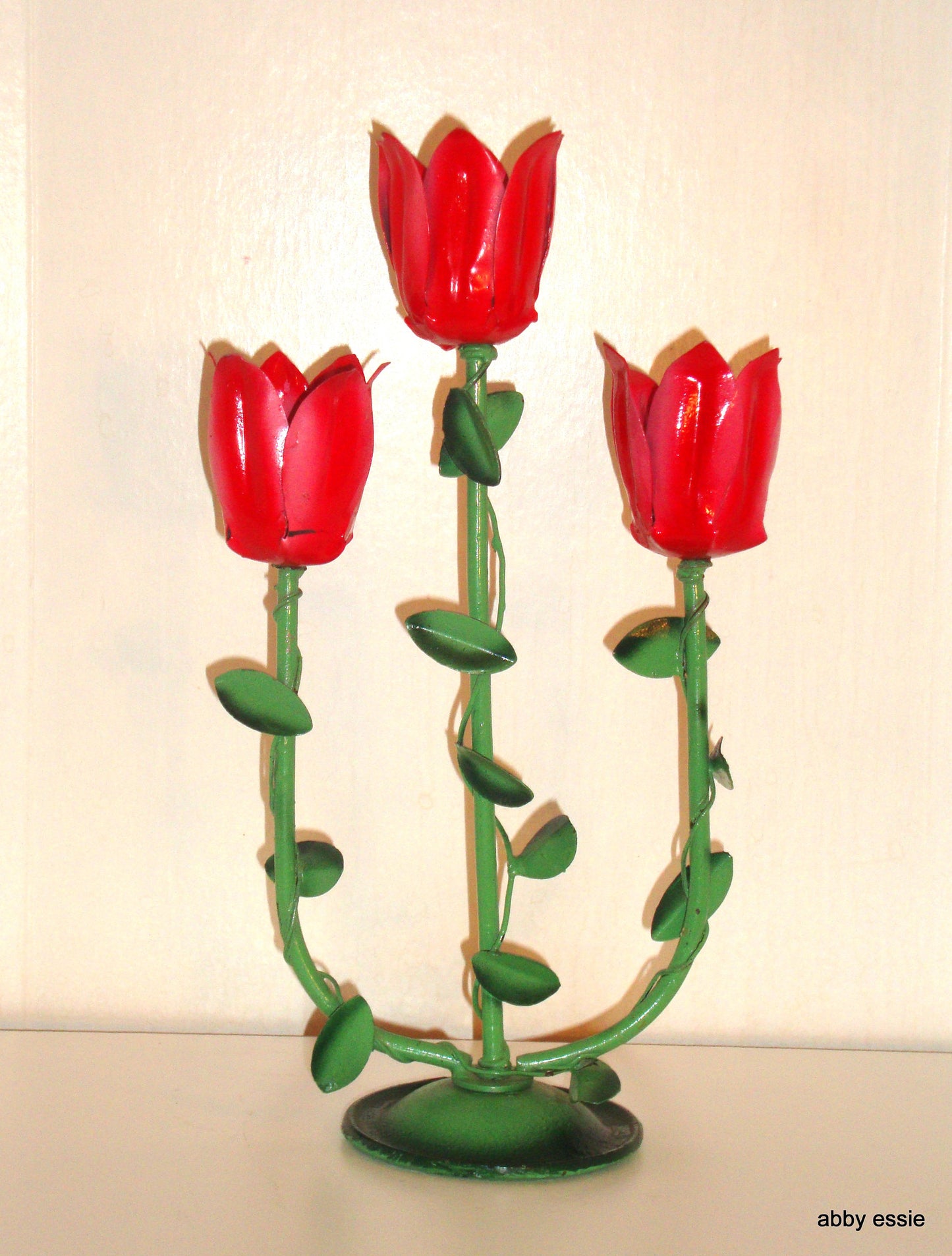 MID CENTURY MODERN JERE VINTAGE METAL SCULPTURE FLORAL RED ROSE CANDLE HOLDER CA Abby Essie