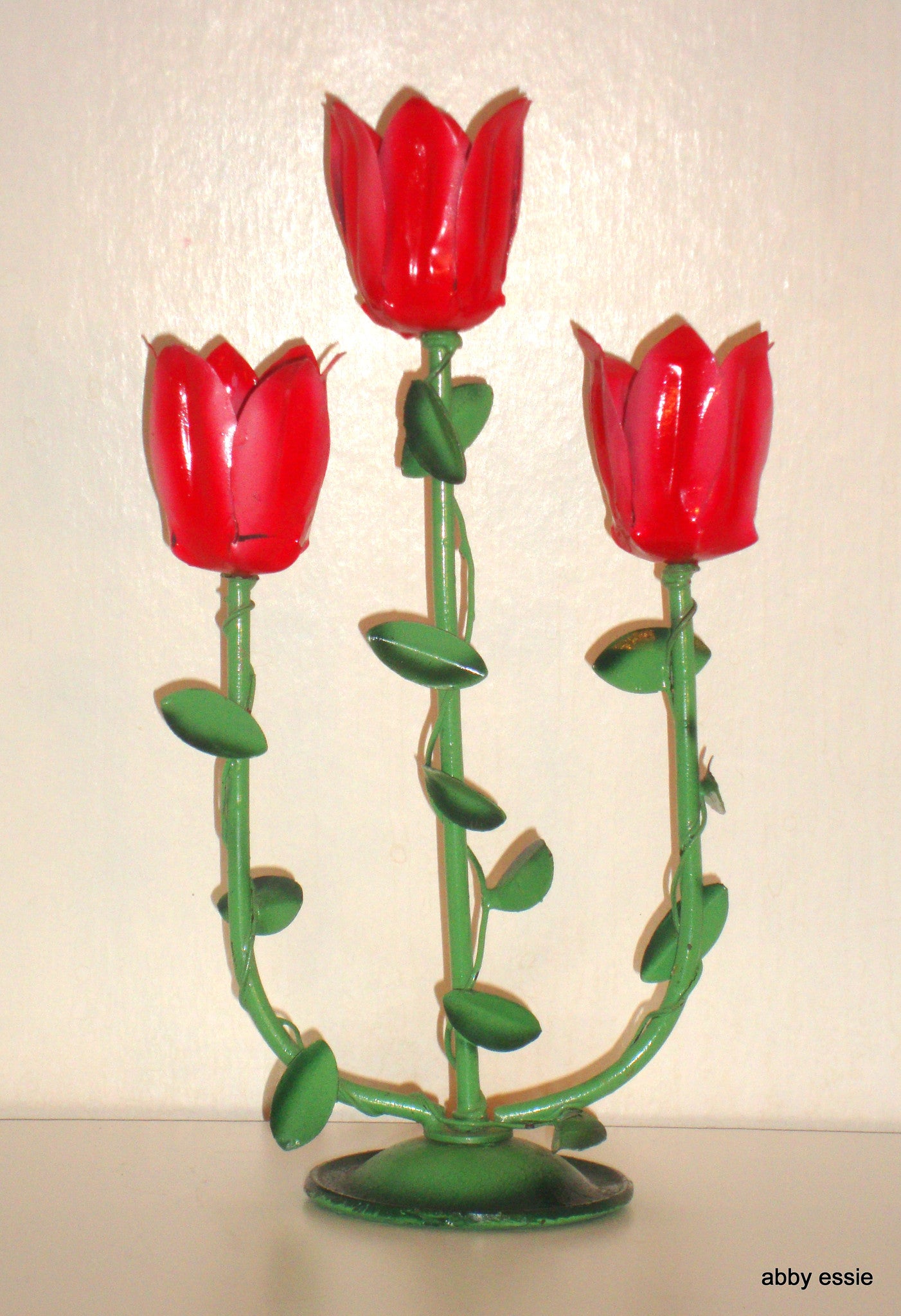 MID CENTURY MODERN JERE VINTAGE METAL SCULPTURE FLORAL RED ROSE CANDLE HOLDER CA Abby Essie