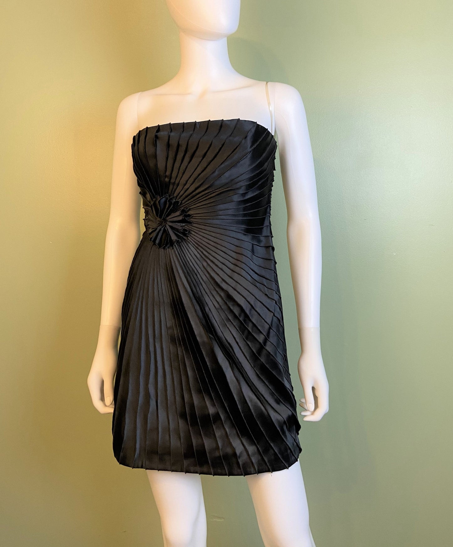 Black Satin Minuet Strapless Pleated Mini Dress ABBY ESSIE Designer & Vintage