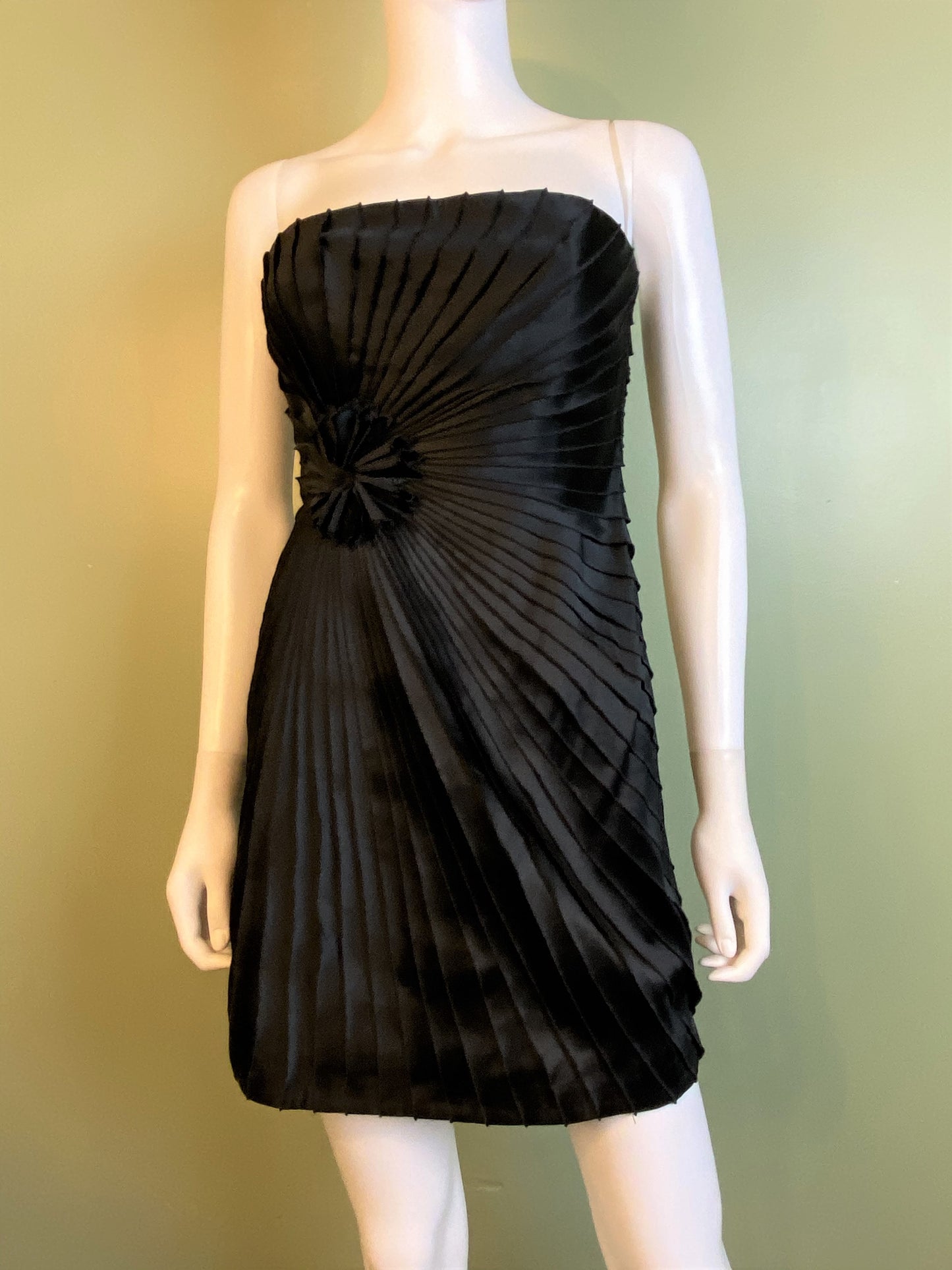 Black Satin Minuet Strapless Pleated Mini Dress ABBY ESSIE Designer & Vintage