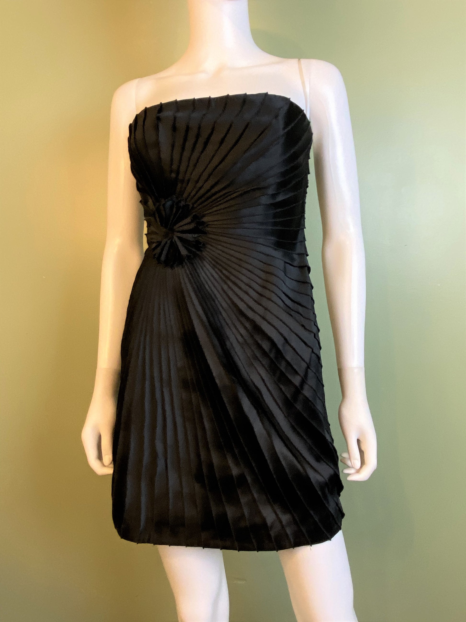 Black Satin Minuet Strapless Pleated Mini Dress ABBY ESSIE Designer & Vintage