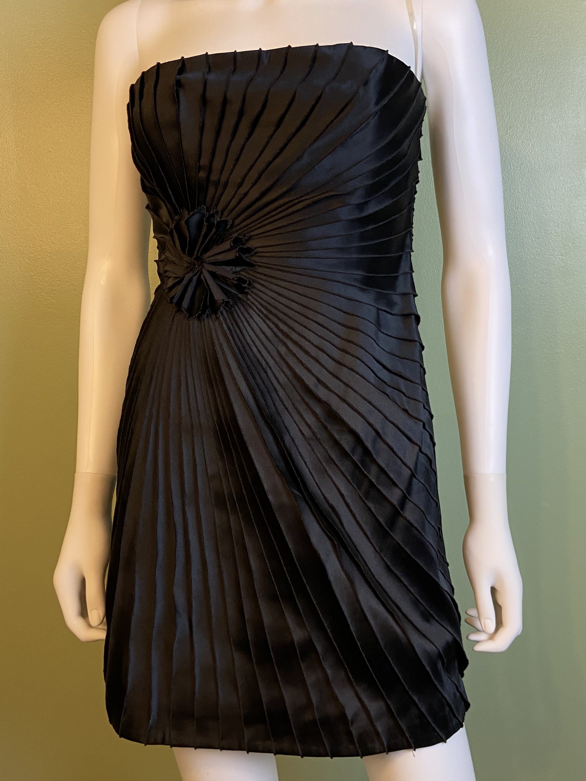 Black Satin Minuet Strapless Pleated Mini Dress ABBY ESSIE Designer & Vintage