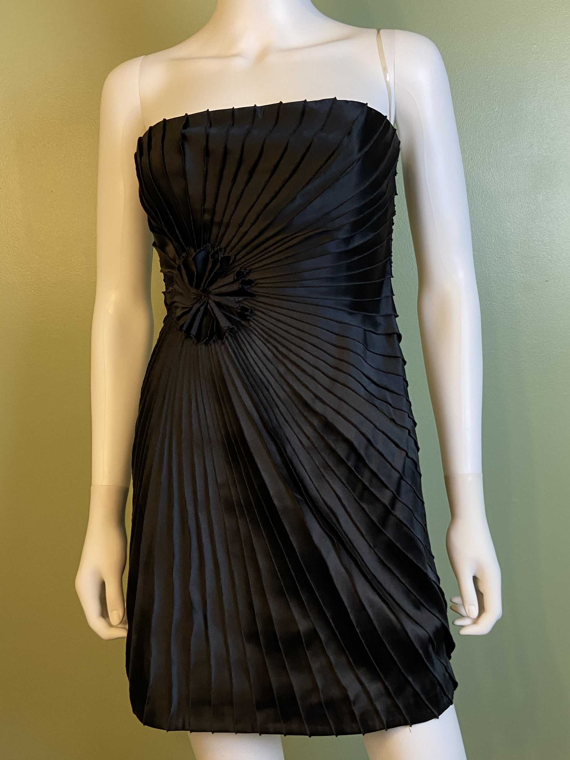 Black Satin Minuet Strapless Pleated Mini Dress ABBY ESSIE Designer & Vintage