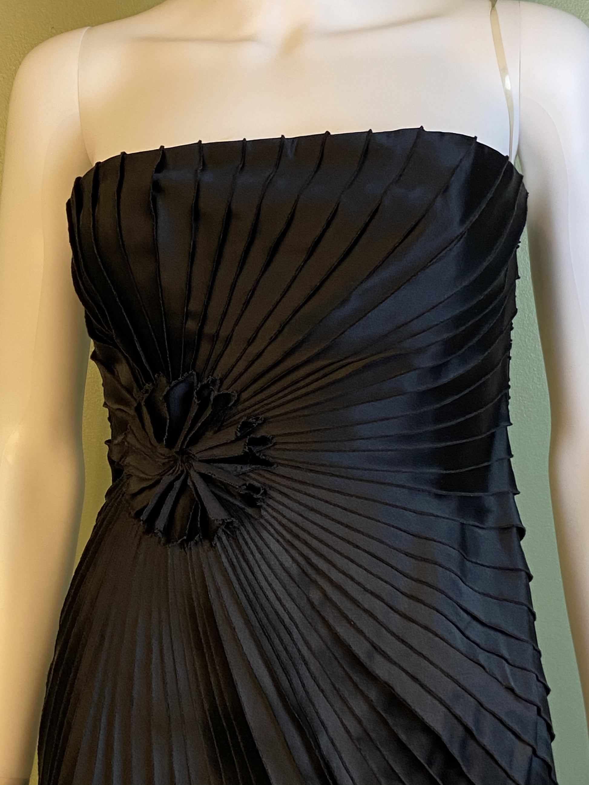 Black Satin Minuet Strapless Pleated Mini Dress ABBY ESSIE Designer & Vintage