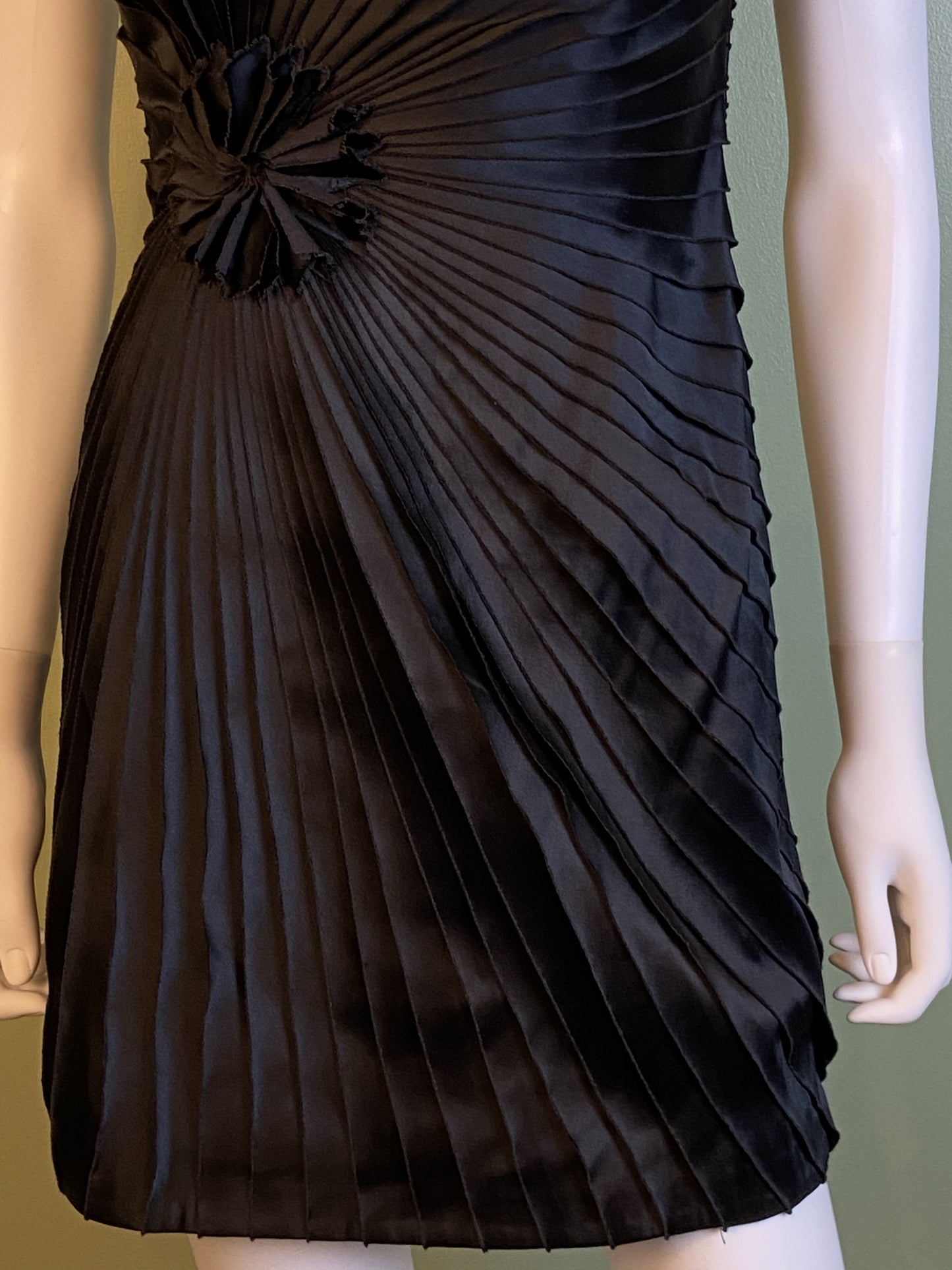 Black Satin Minuet Strapless Pleated Mini Dress ABBY ESSIE Designer & Vintage