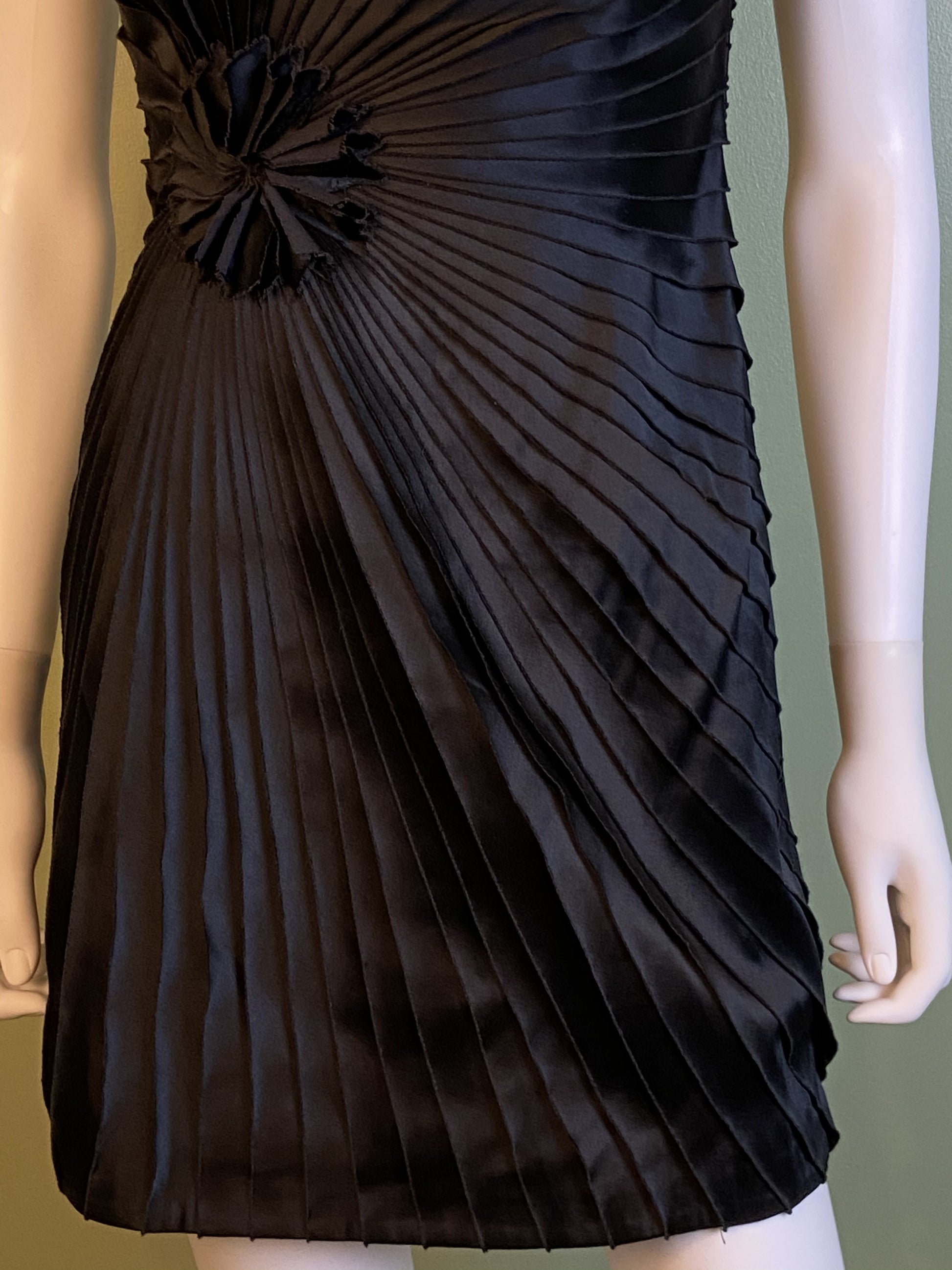 Black Satin Minuet Strapless Pleated Mini Dress ABBY ESSIE Designer & Vintage