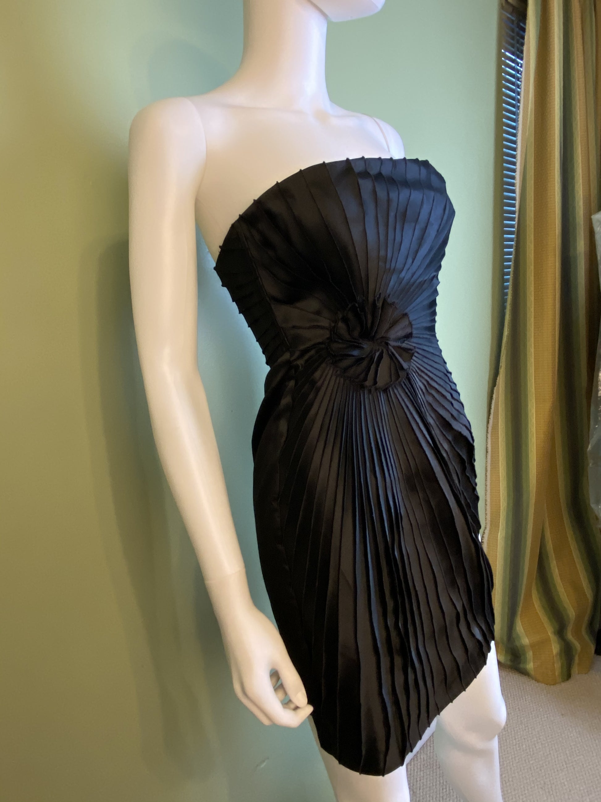 Black Satin Minuet Strapless Pleated Mini Dress ABBY ESSIE Designer & Vintage