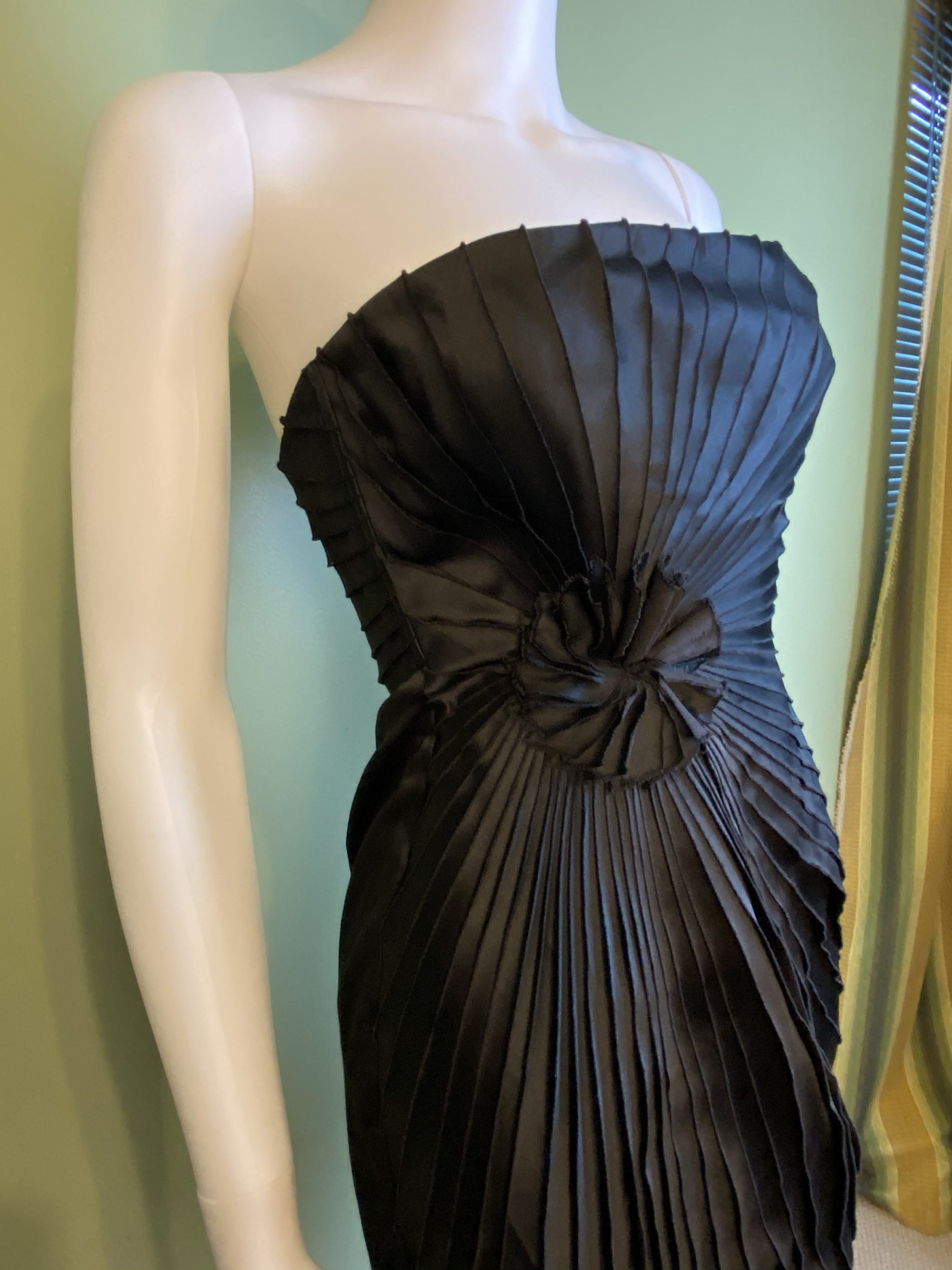 Black Satin Minuet Strapless Pleated Mini Dress ABBY ESSIE Designer & Vintage
