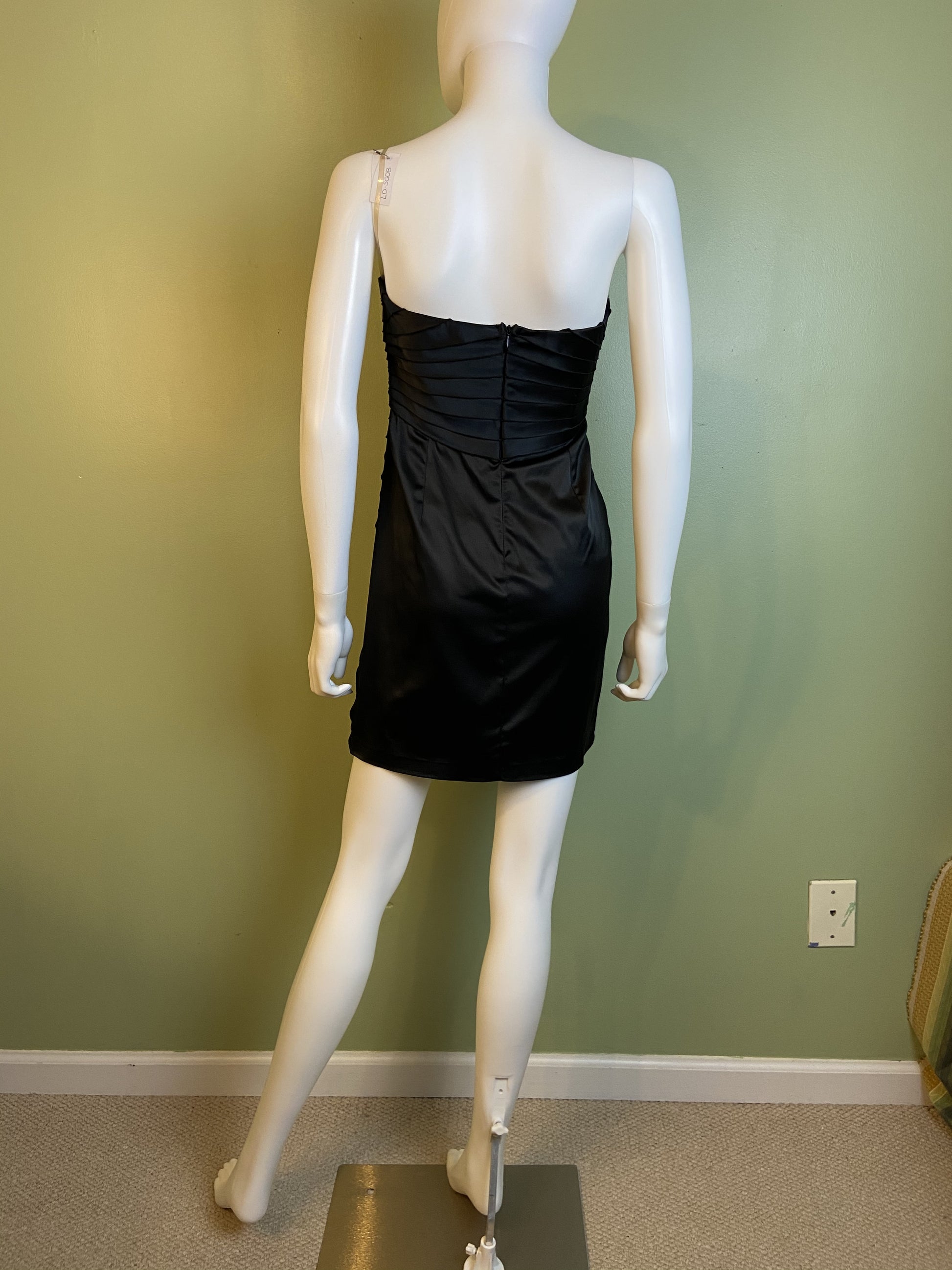 Black Satin Minuet Strapless Pleated Mini Dress ABBY ESSIE Designer & Vintage