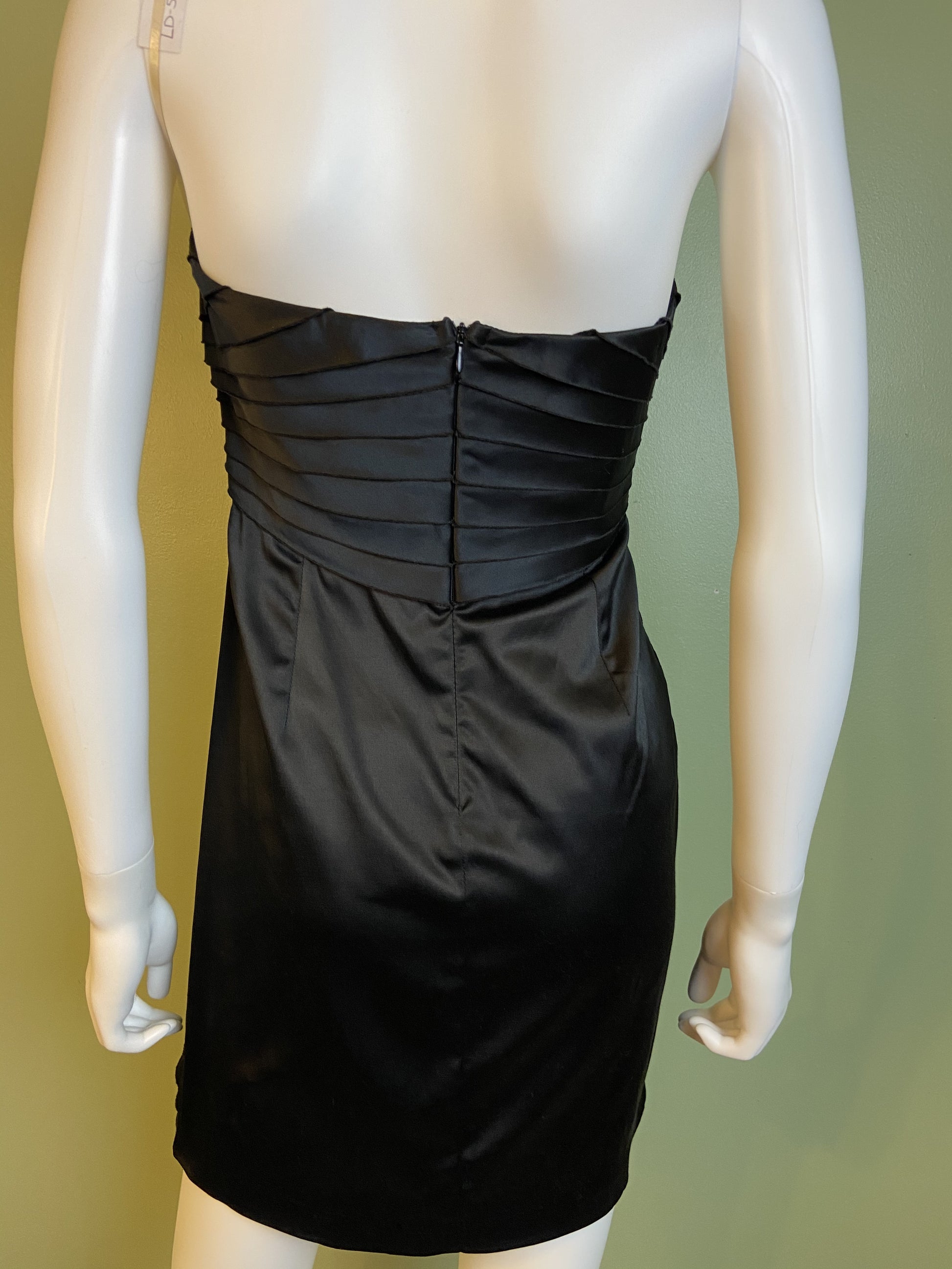 Black Satin Minuet Strapless Pleated Mini Dress ABBY ESSIE Designer & Vintage