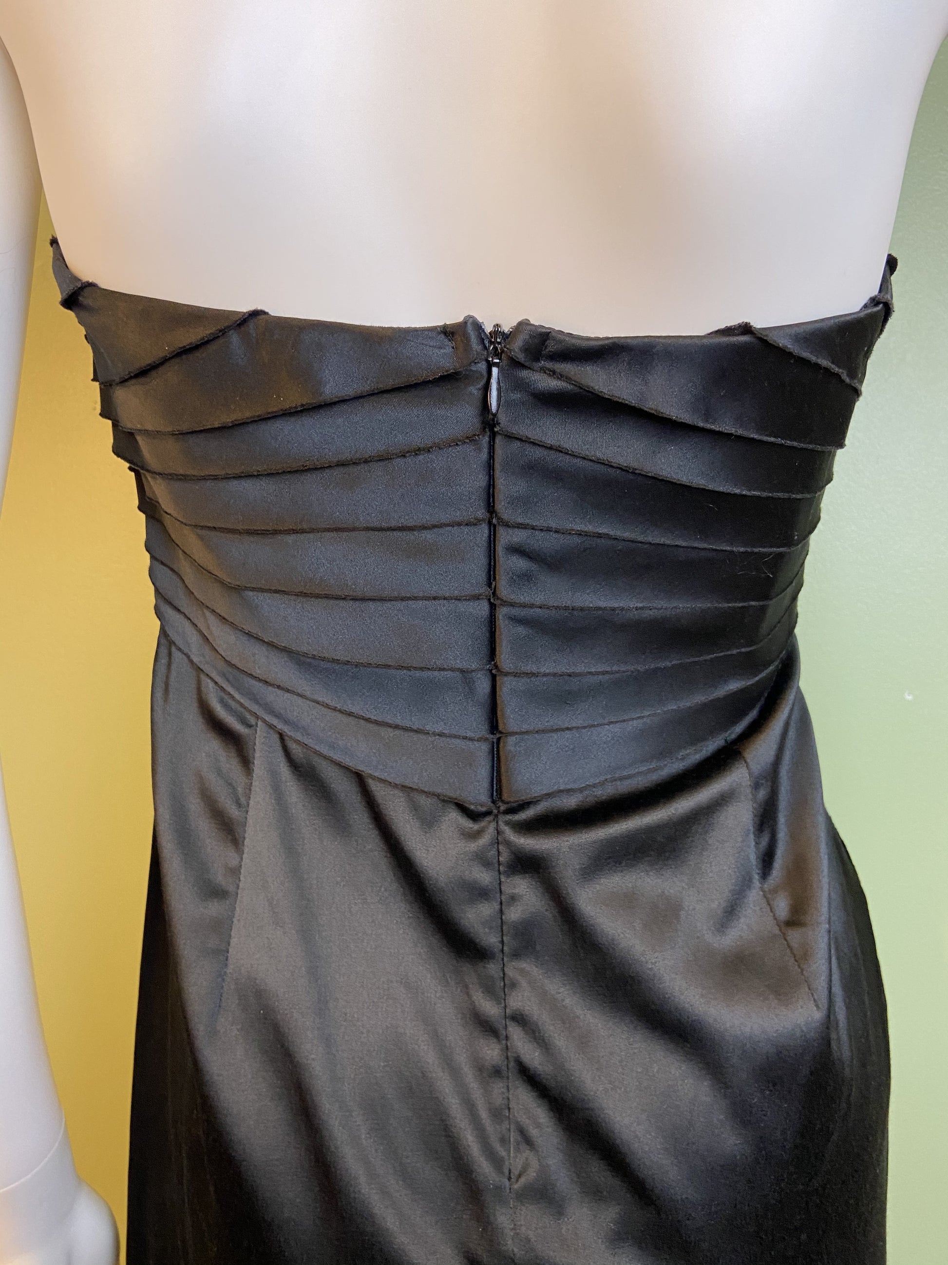 Black Satin Minuet Strapless Pleated Mini Dress ABBY ESSIE Designer & Vintage