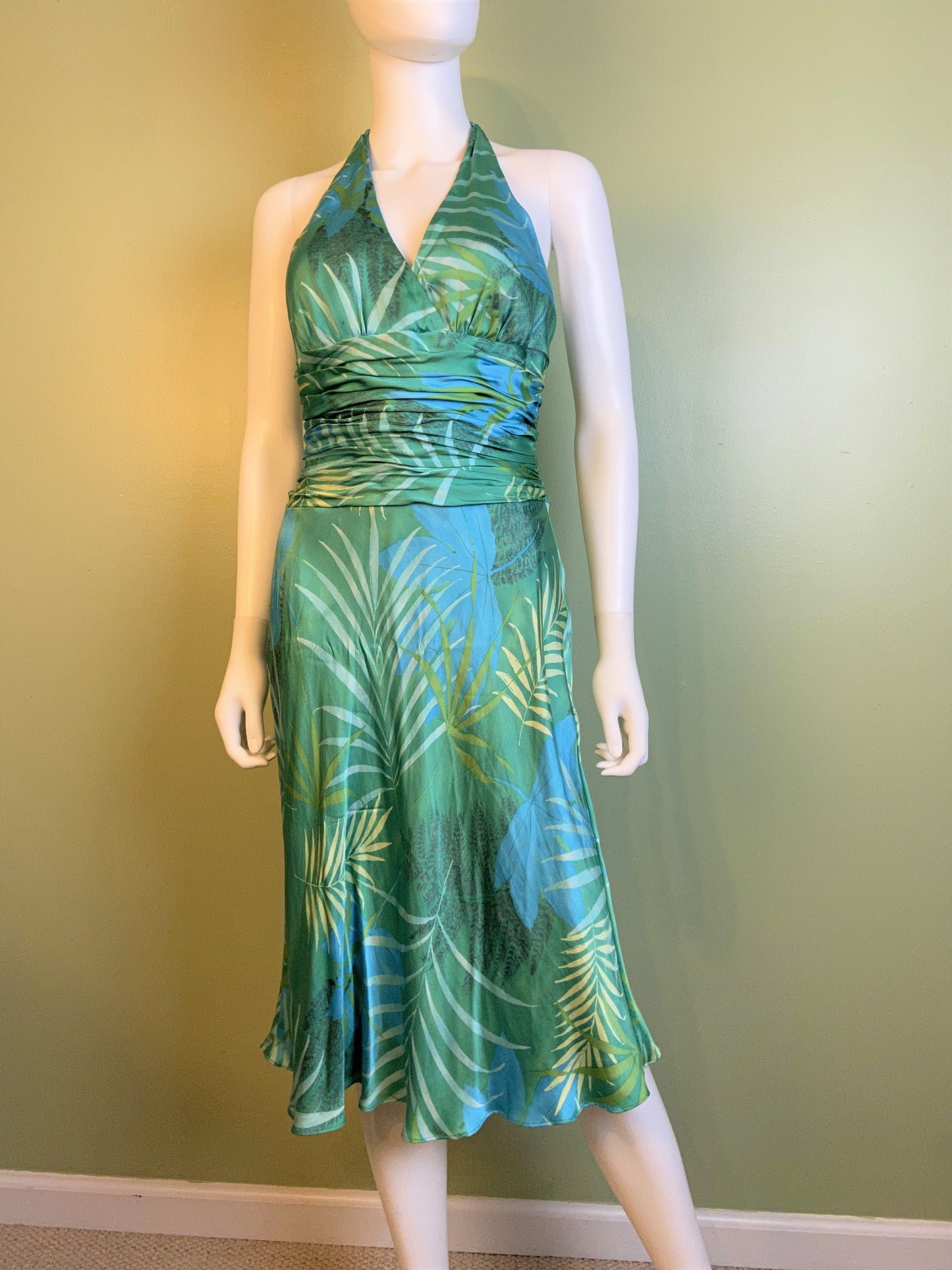 Turquoise Blue Jones New York Green Jungle Print Silk Halter Dress