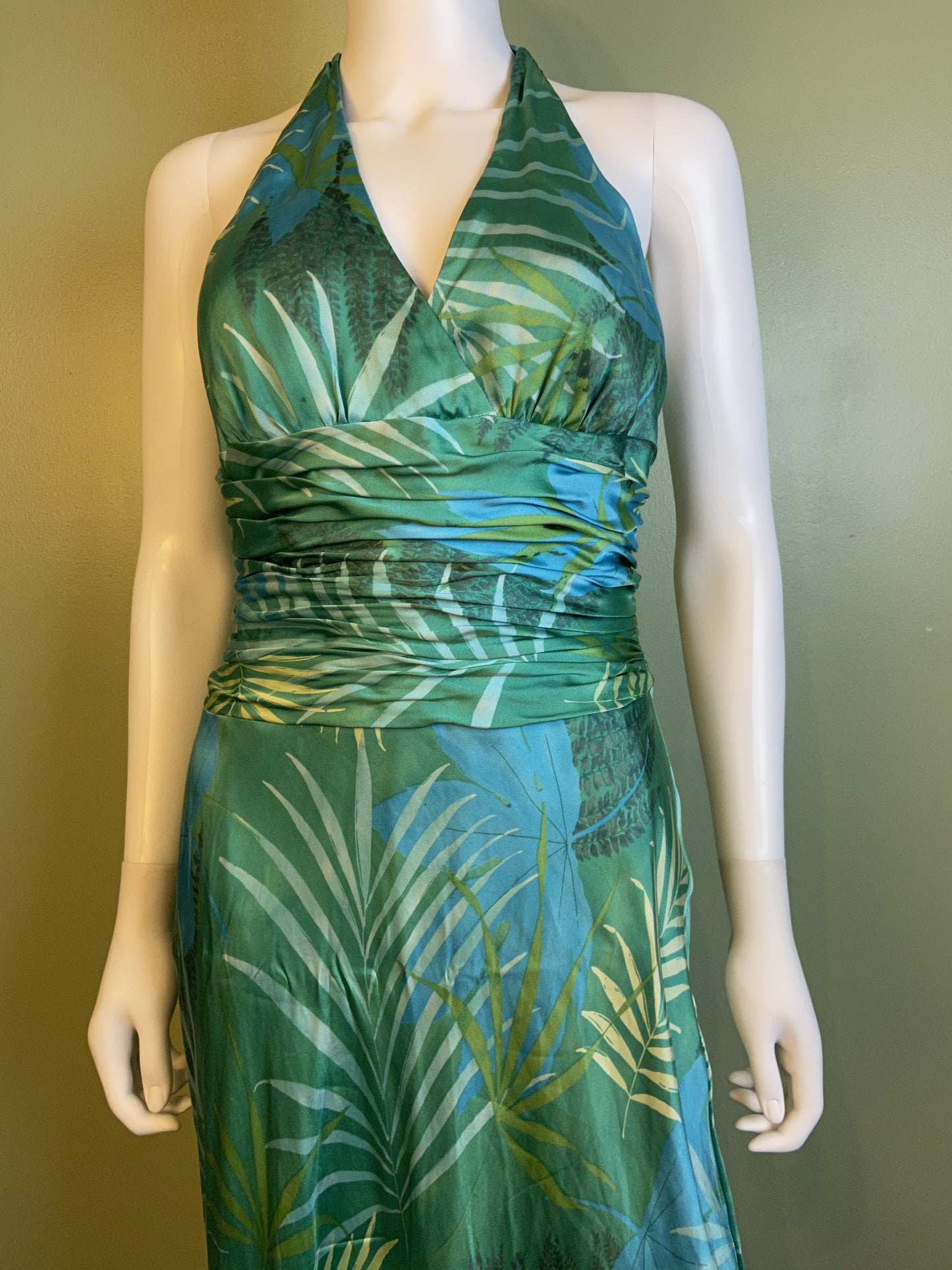 Turquoise Blue Jones New York Green Jungle Print Silk Halter Dress