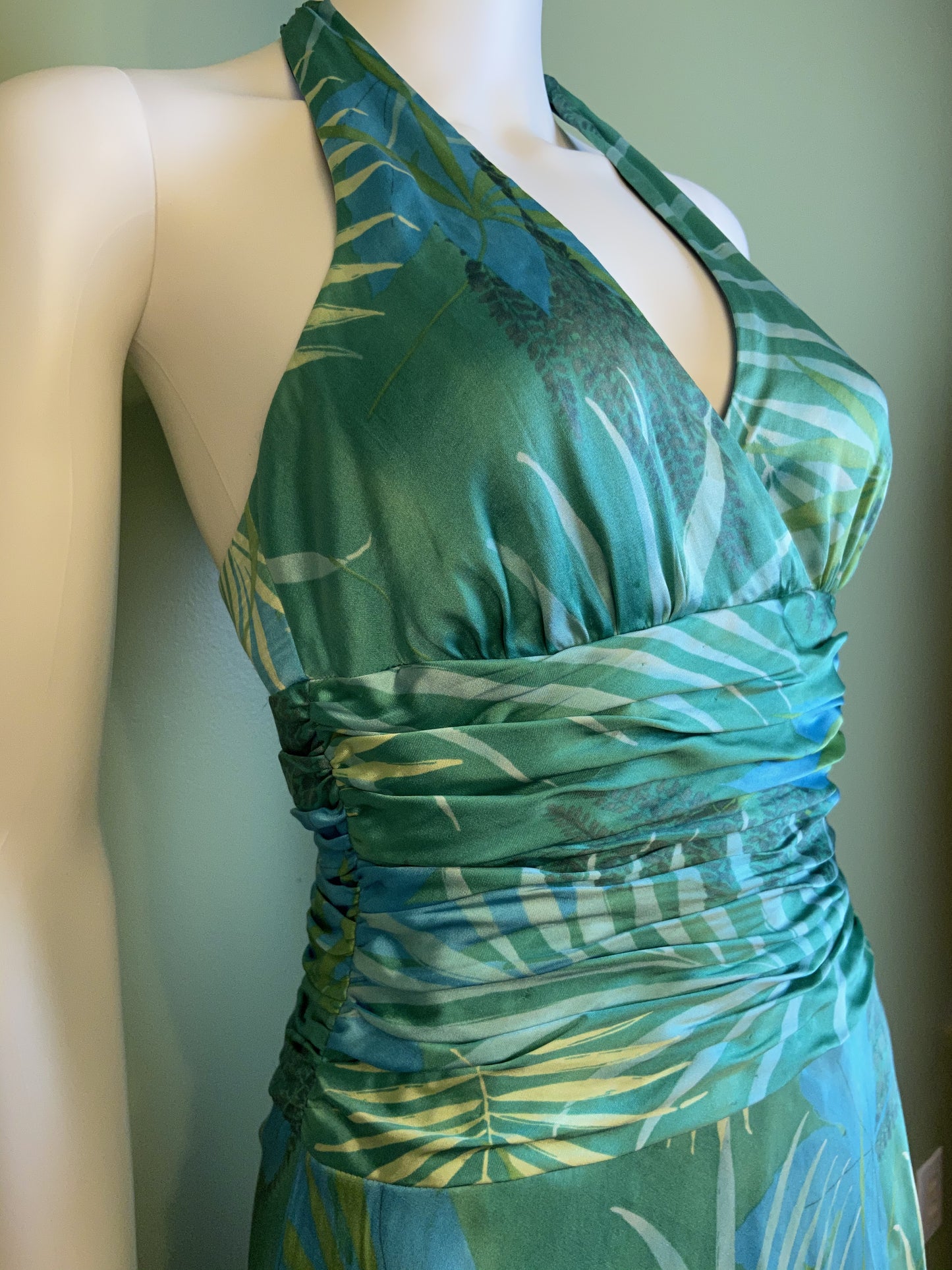 Turquoise Blue Jones New York Green Jungle Print Silk Halter Dress