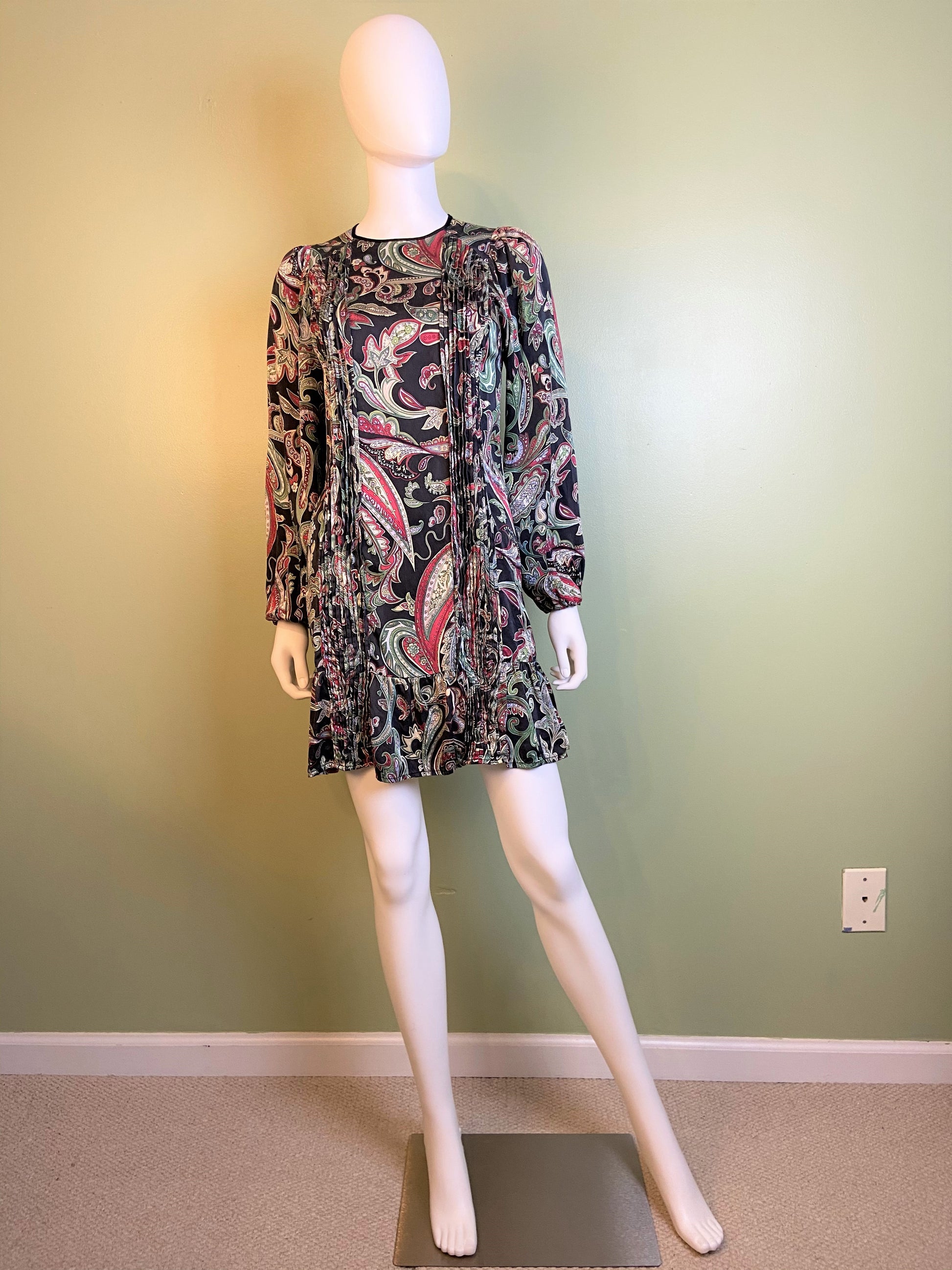 Paisley Pleated 100% Silk Black Green Puff Sleeve Dress Abby Essie
