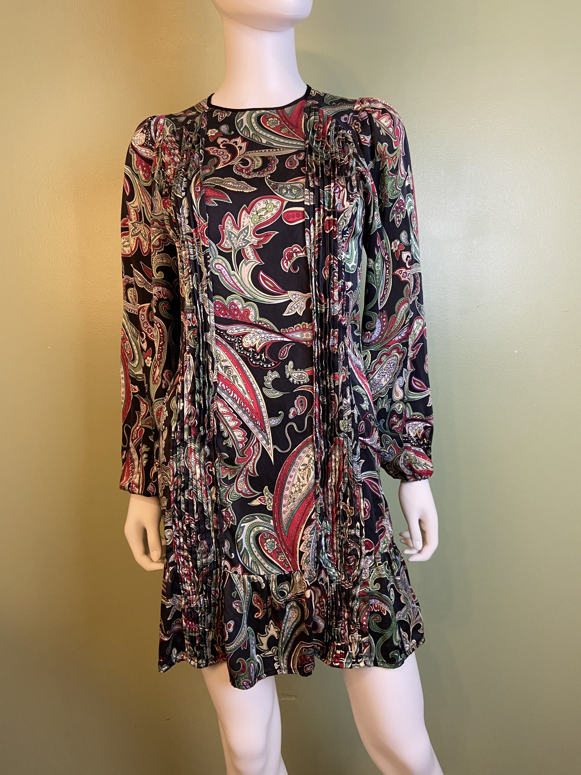 Paisley Pleated 100% Silk Black Green Puff Sleeve Dress Abby Essie