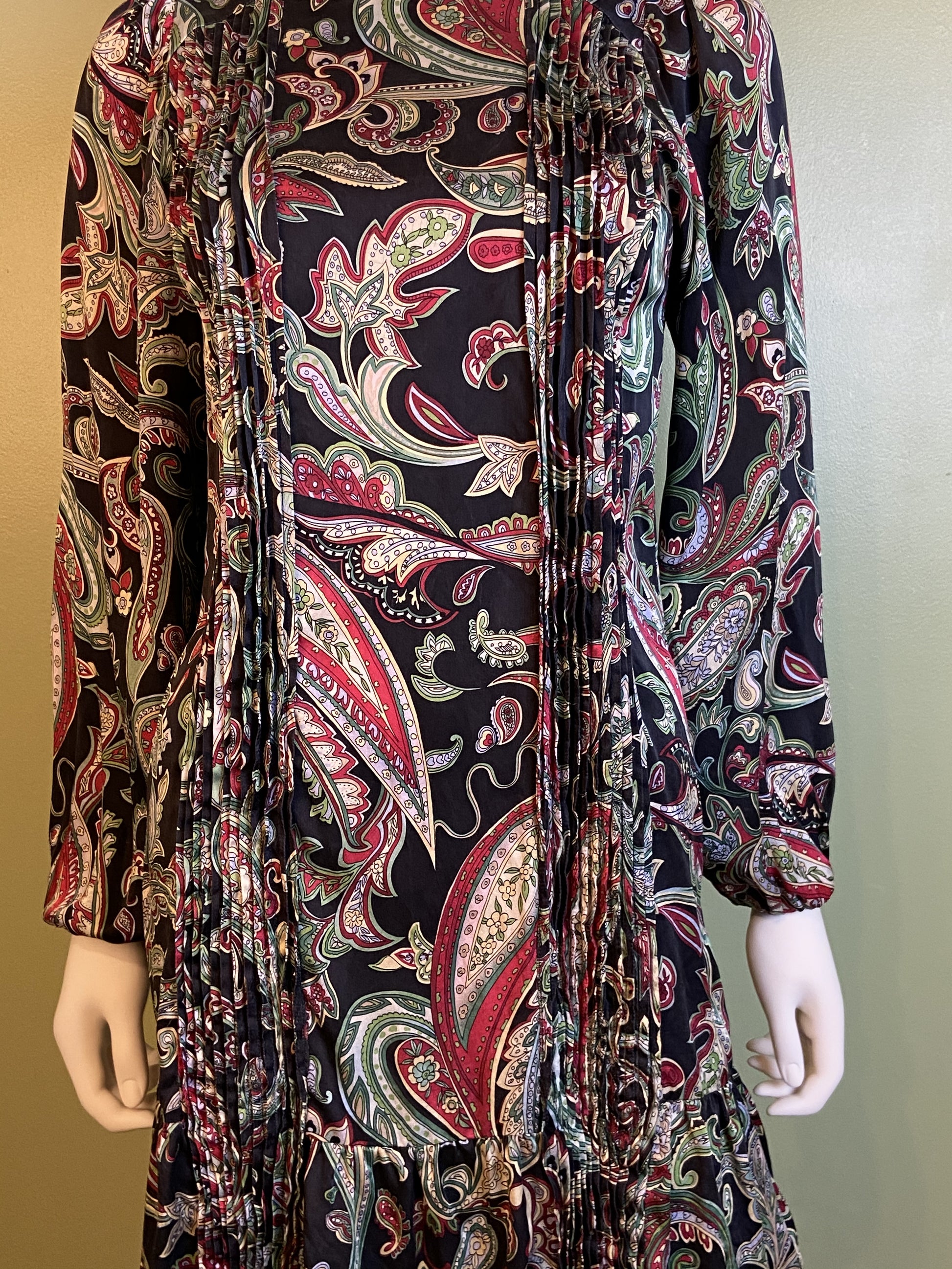 Paisley Pleated 100% Silk Black Green Puff Sleeve Dress Abby Essie