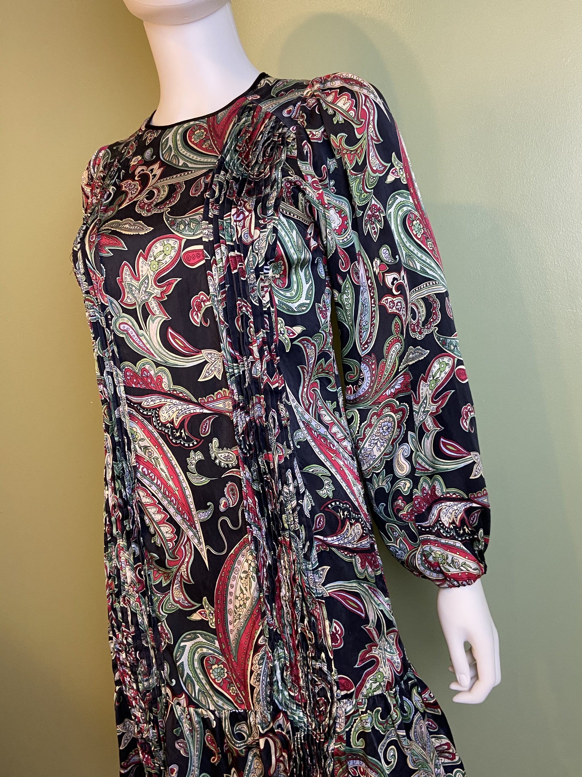 Paisley Pleated 100% Silk Black Green Puff Sleeve Dress Abby Essie