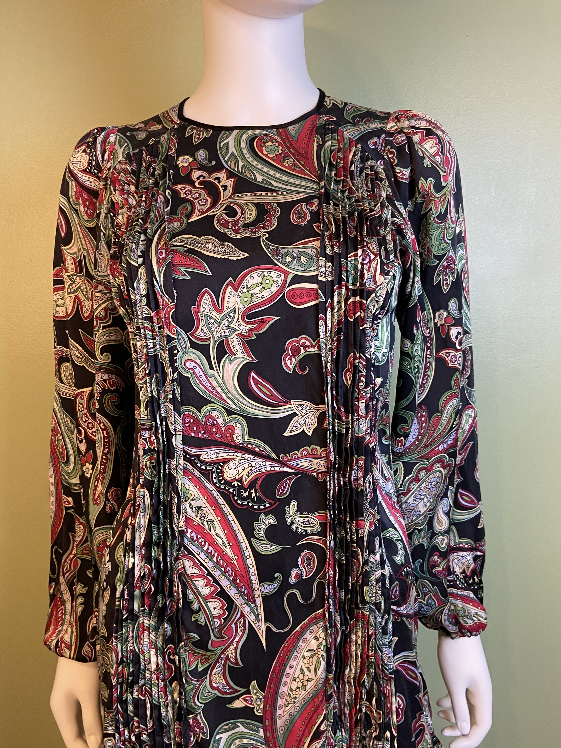 Paisley Pleated 100% Silk Black Green Puff Sleeve Dress Abby Essie