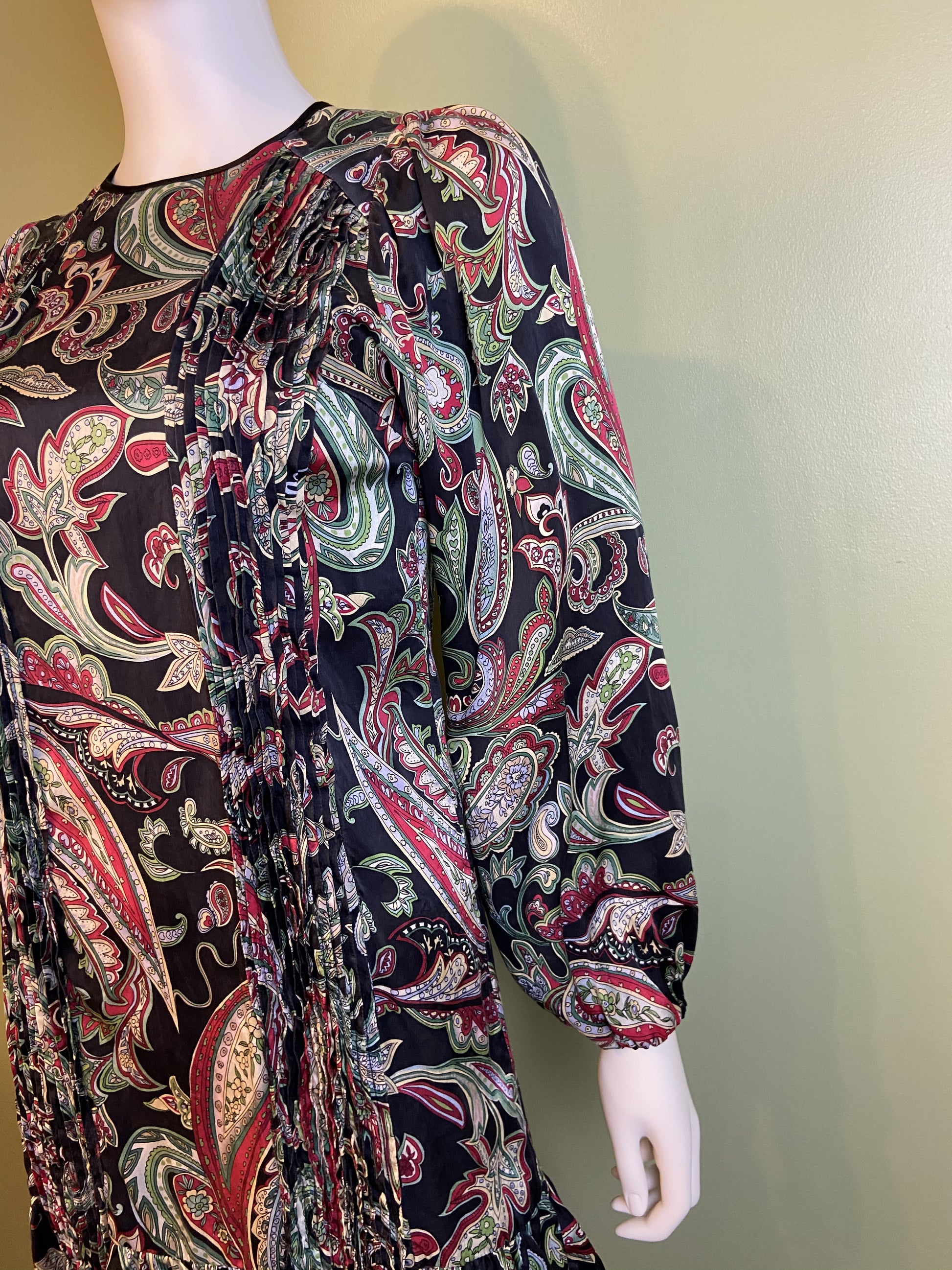 Paisley Pleated 100% Silk Black Green Puff Sleeve Dress Abby Essie