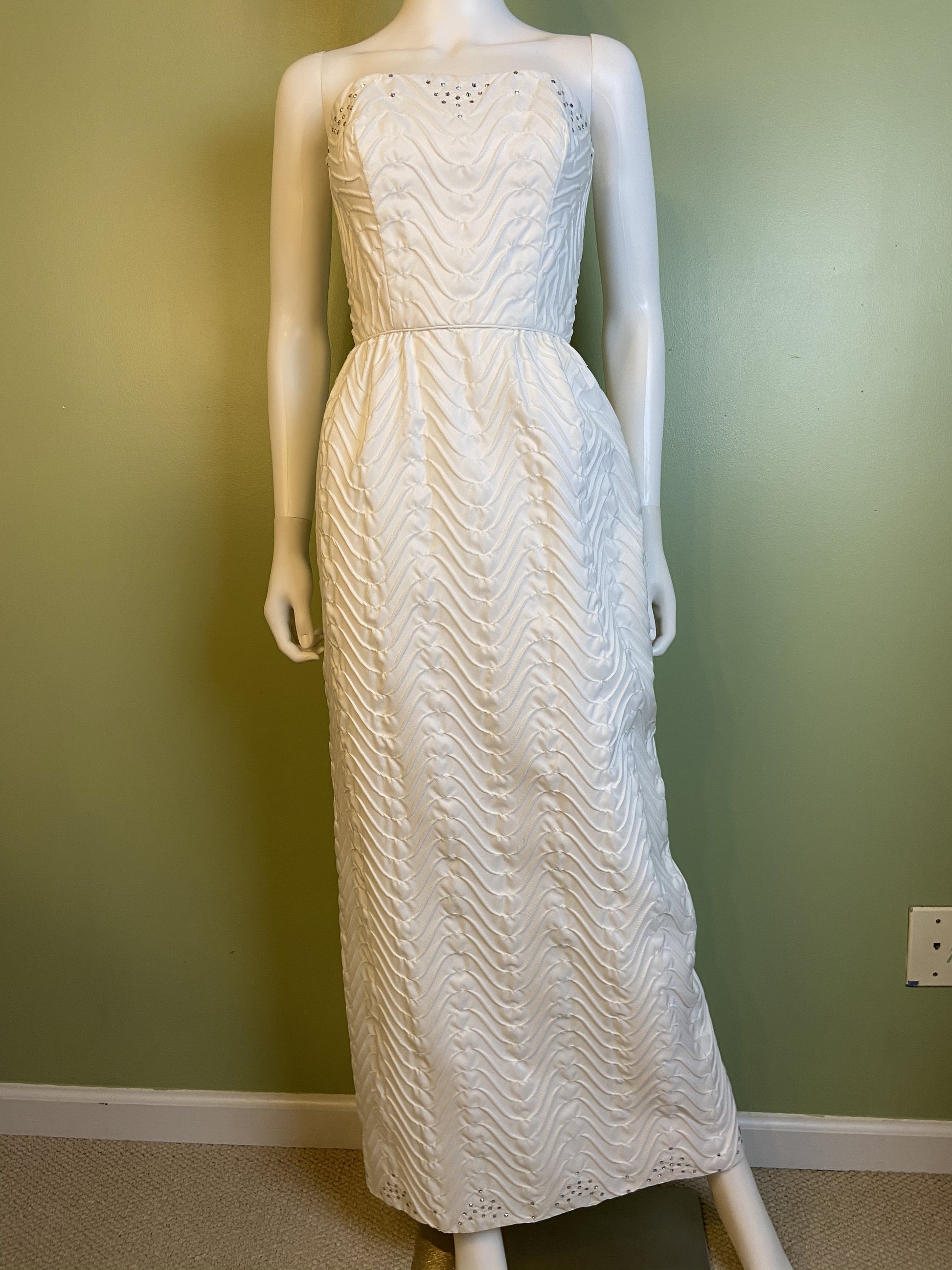 Vintage Mike Benet White Pleated Ruche Rhinestone Gown Abby Essie
