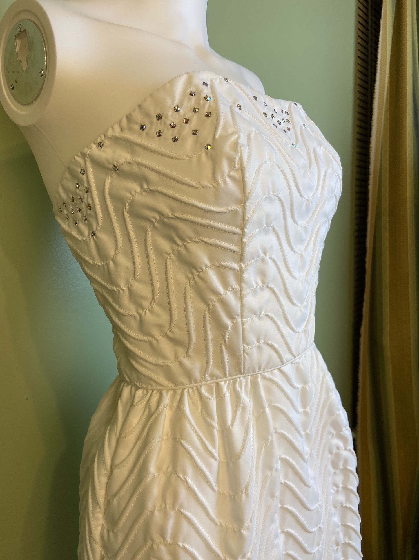 Vintage Mike Benet White Pleated Ruche Rhinestone Gown
