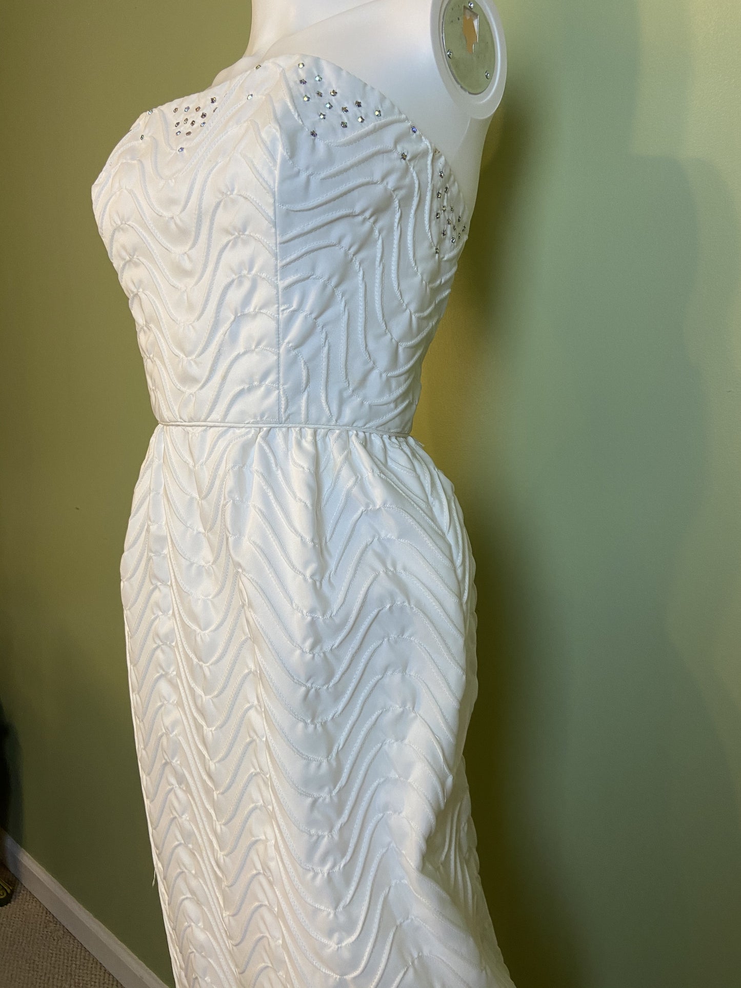 Vintage Mike Benet White Pleated Ruche Rhinestone Gown