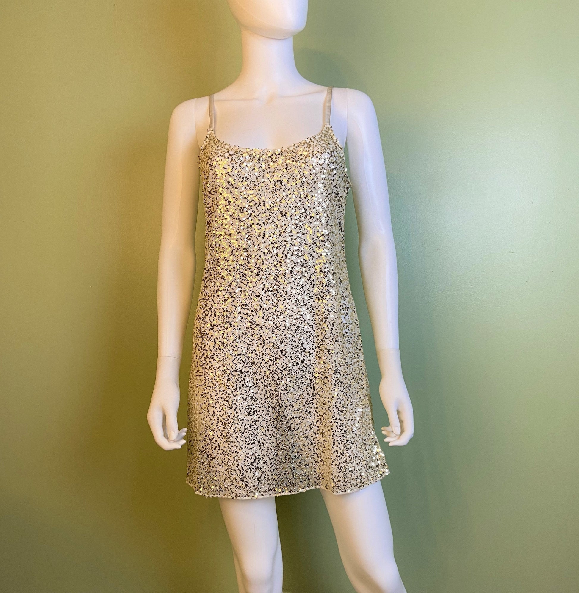 Sheer White Gold Sequin Stretch Cami Lingerie Mini Dress ABBY ESSIE Designer & Vintage