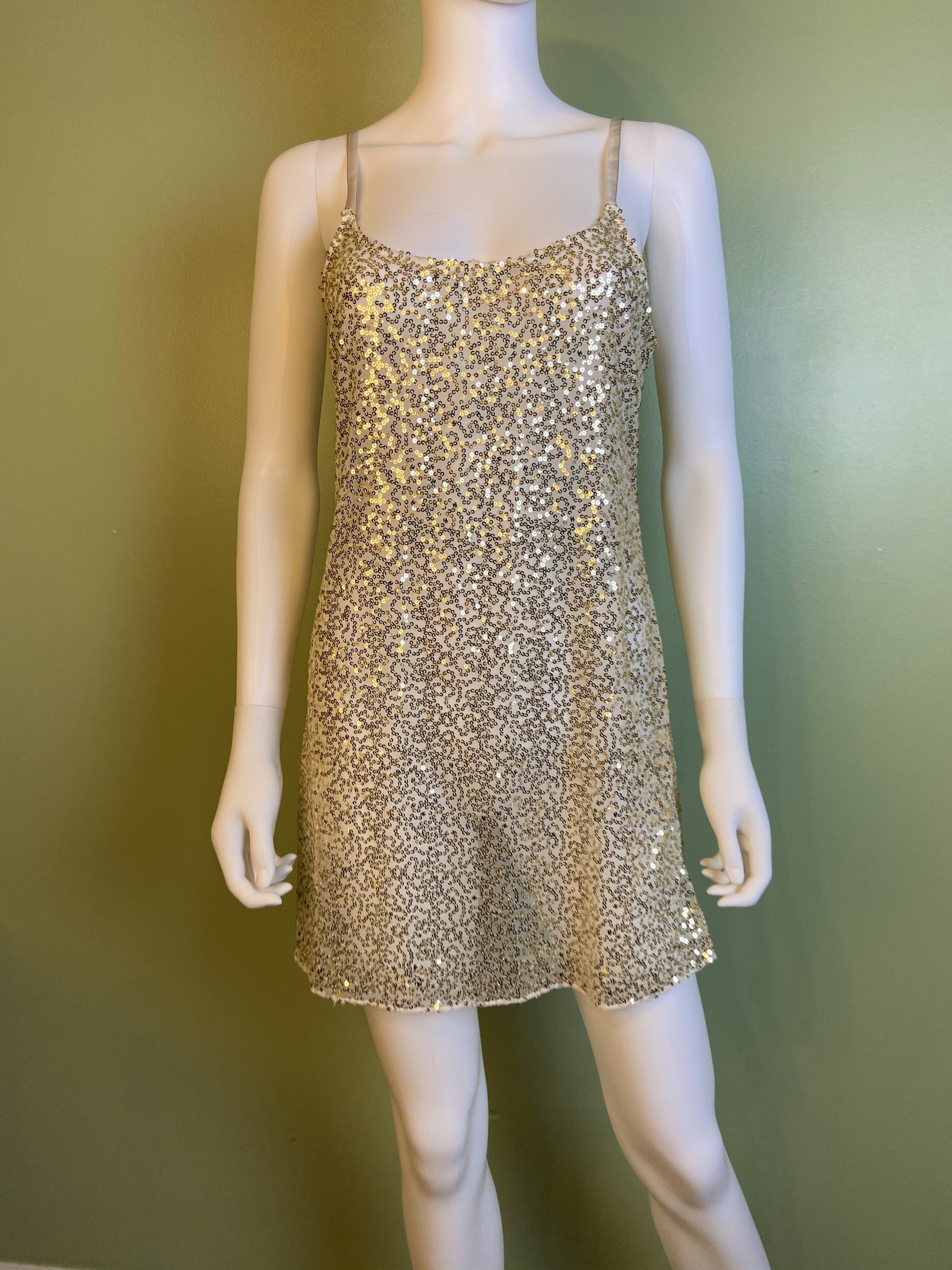 Sheer White Gold Sequin Stretch Cami Lingerie Mini Dress ABBY ESSIE Designer & Vintage