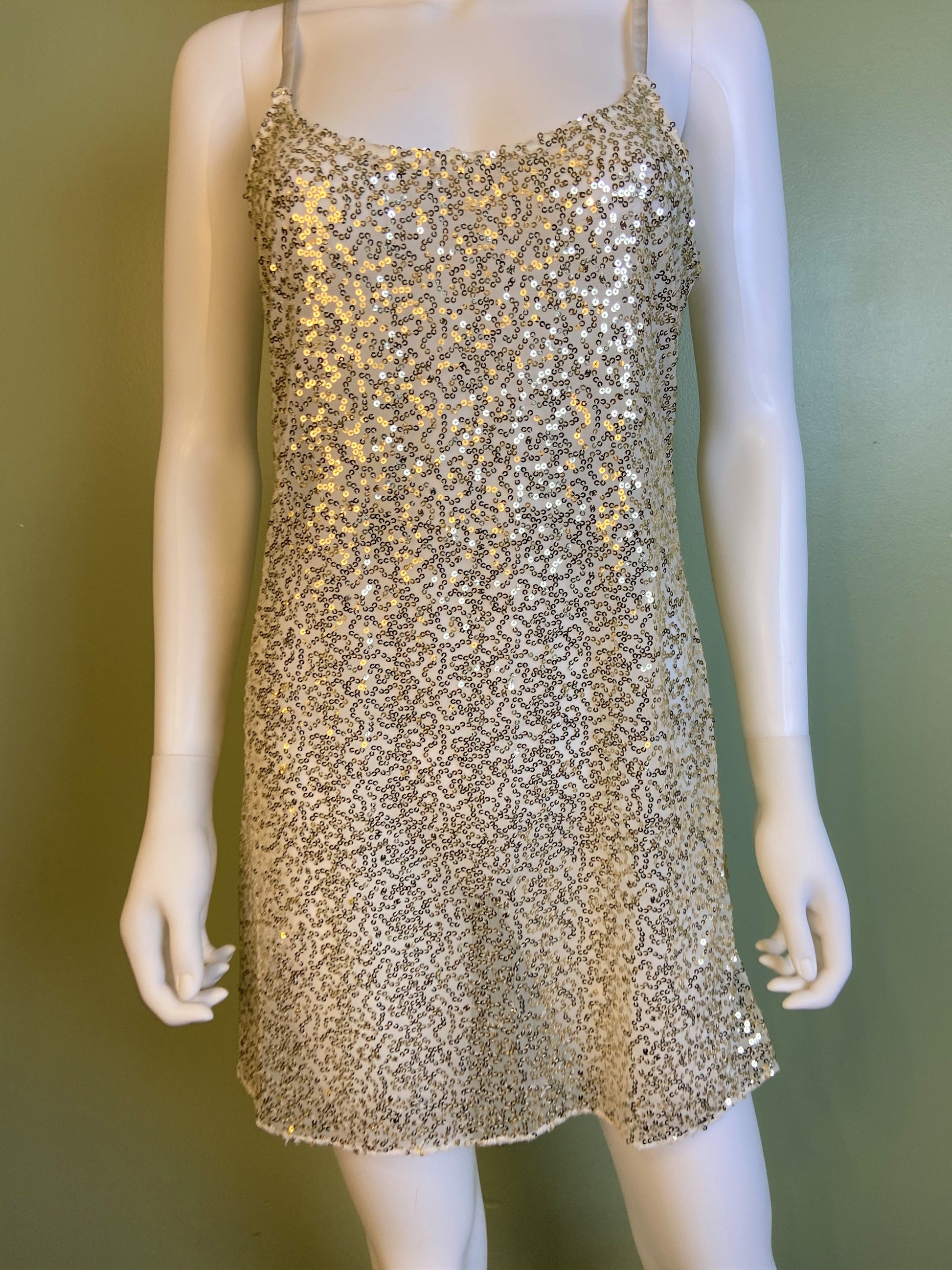 Sheer White Gold Sequin Stretch Cami Lingerie Mini Dress ABBY ESSIE Designer & Vintage