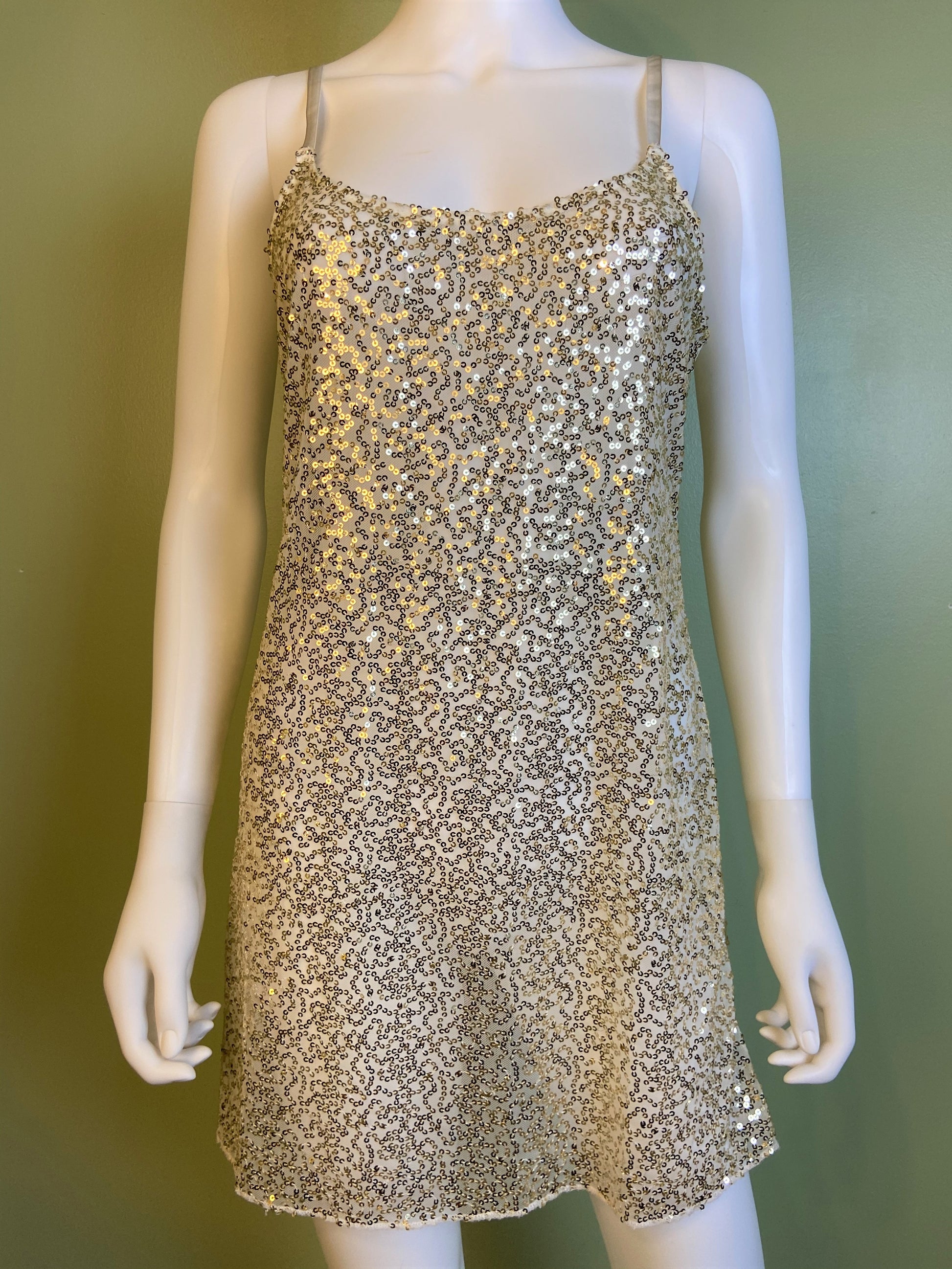 Sheer White Gold Sequin Stretch Cami Lingerie Mini Dress ABBY ESSIE Designer & Vintage