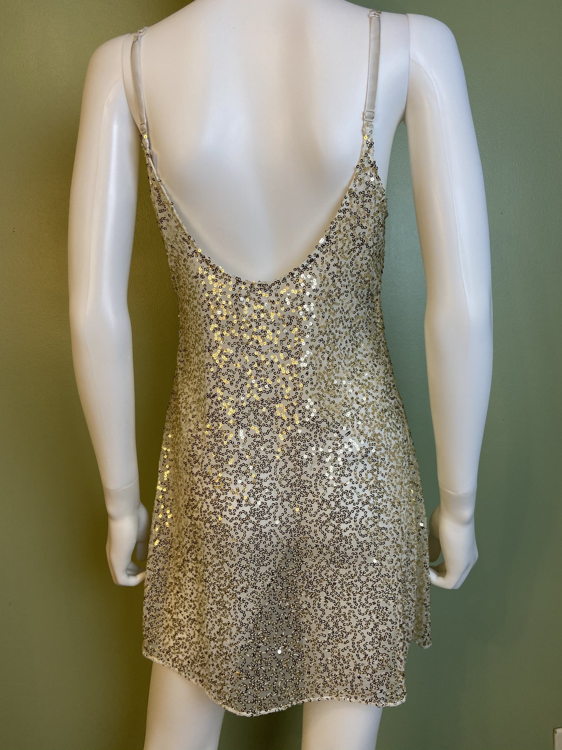 Sheer White Gold Sequin Stretch Cami Lingerie Mini Dress ABBY ESSIE Designer & Vintage