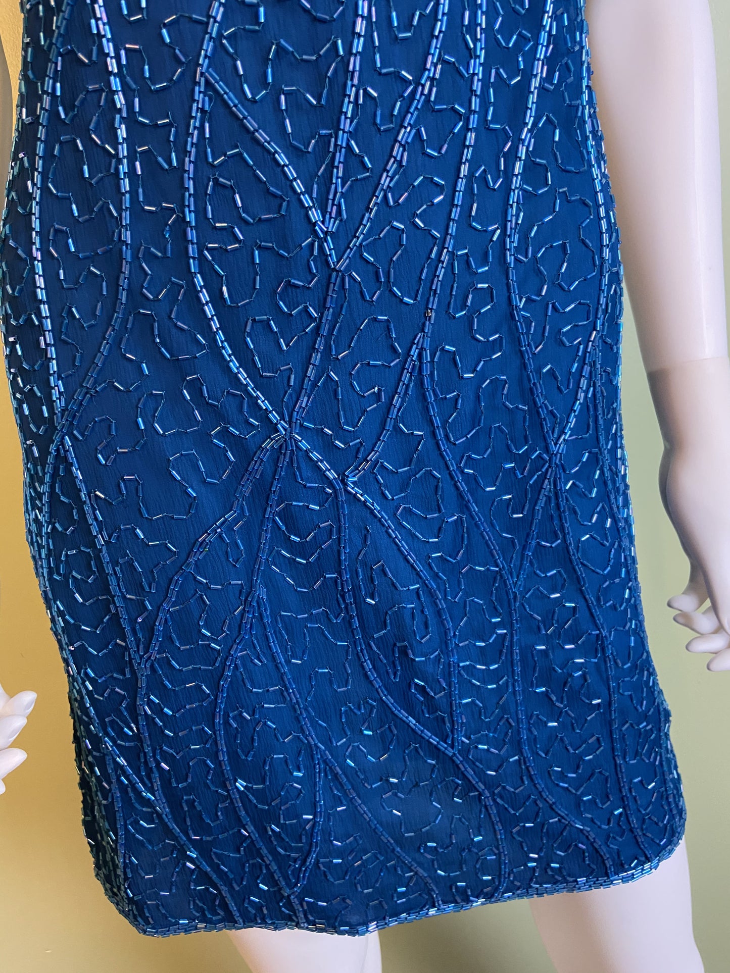 Vintage Turquoise Silver Beaded Icicle Silk Mini Dress