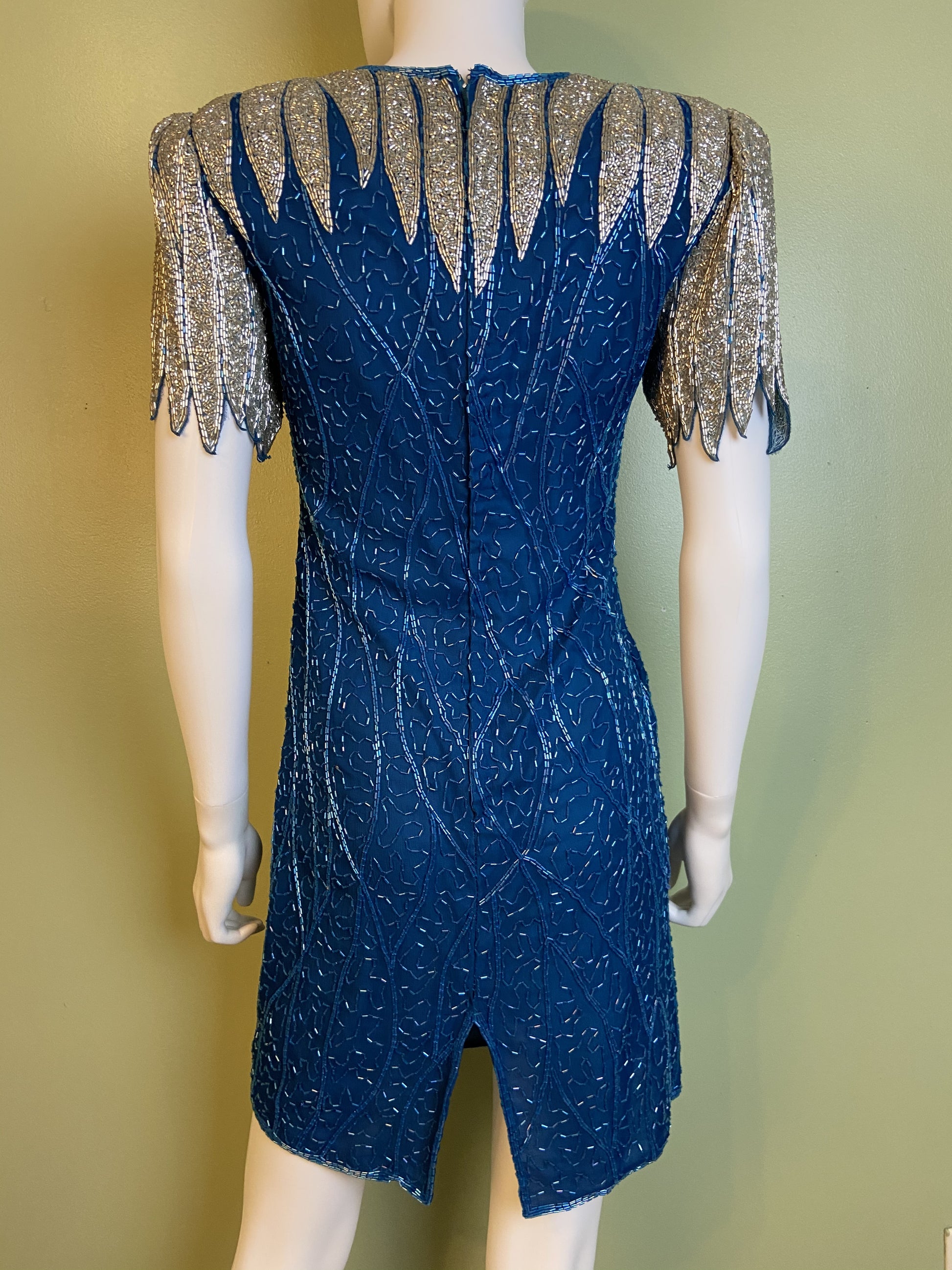 Vintage Turquoise Silver Beaded Icicle Silk Mini Dress Abby Essie