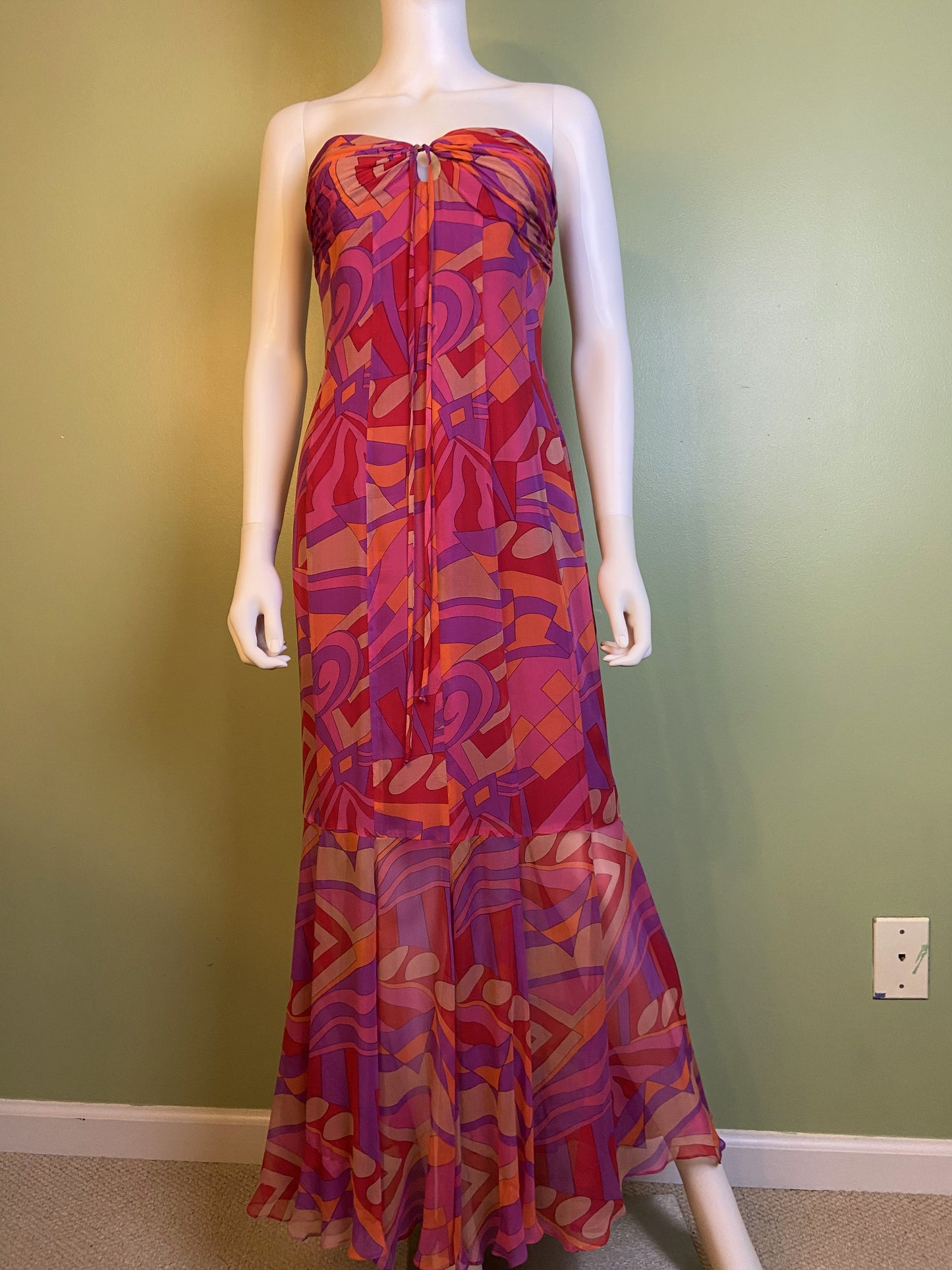 David Meister Pink Orange Strapless Bustier Silk Maxi Dress