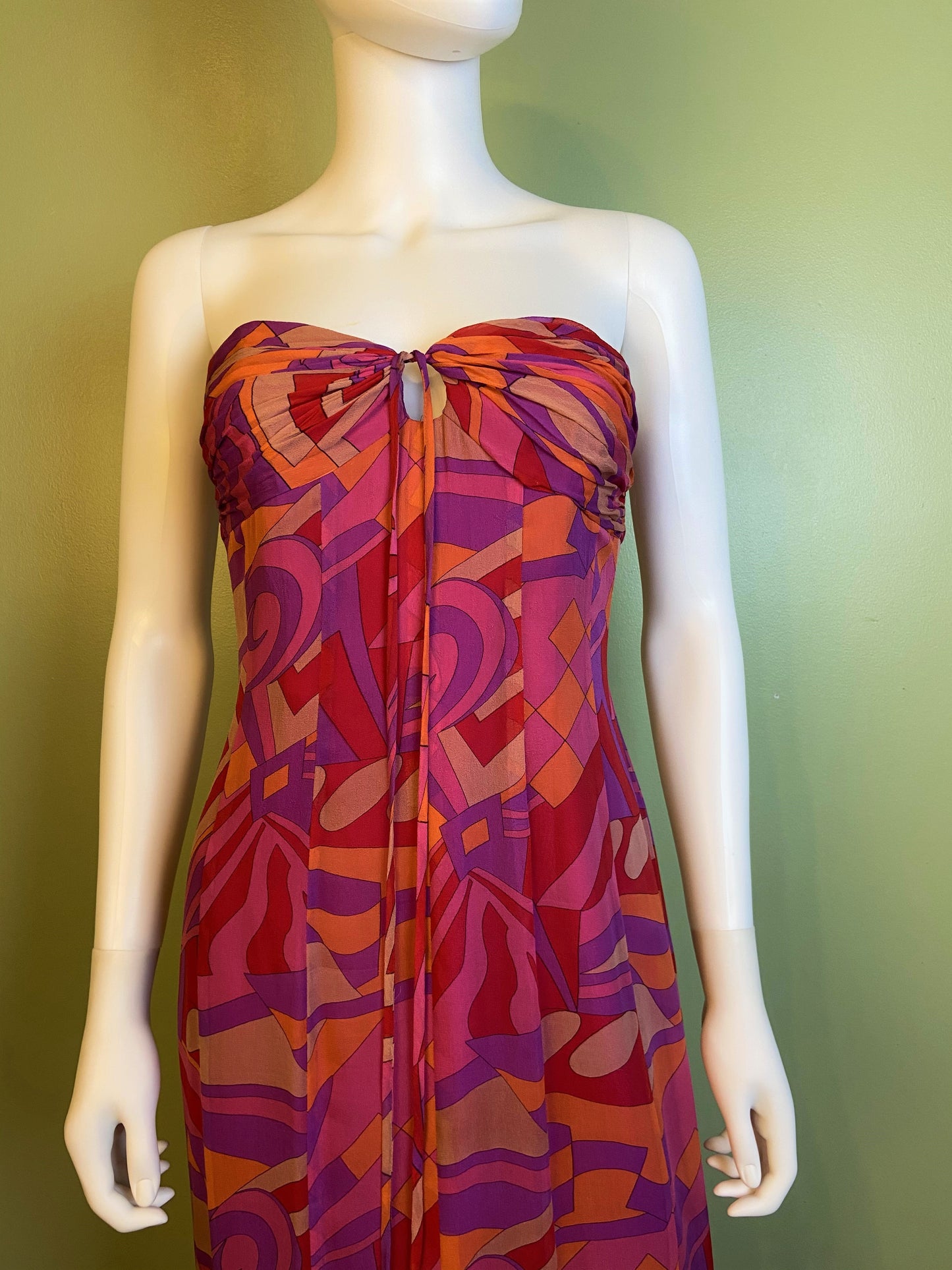 David Meister Pink Orange Strapless Bustier Silk Maxi Dress