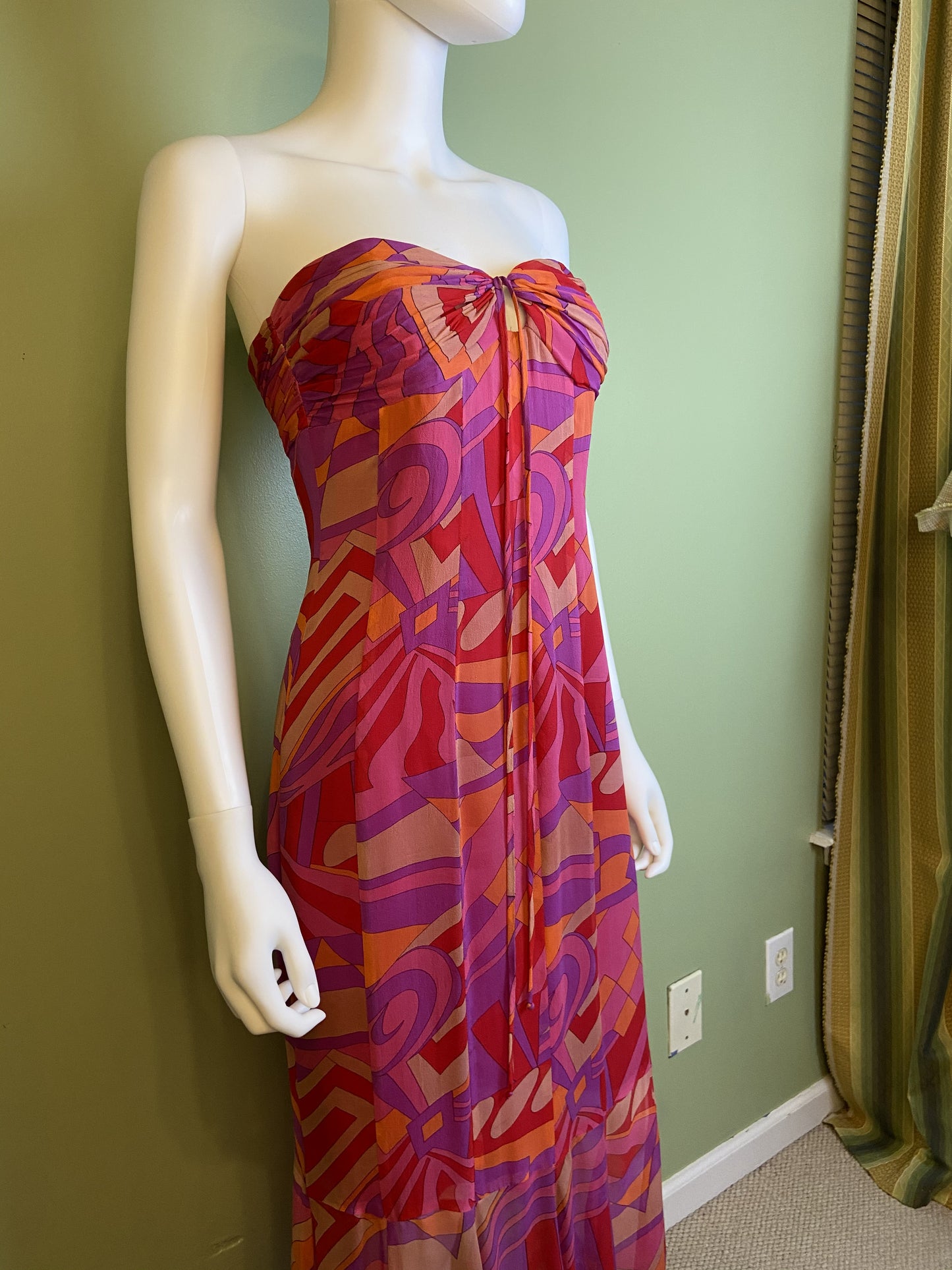 David Meister Pink Orange Strapless Bustier Silk Maxi Dress abby essie