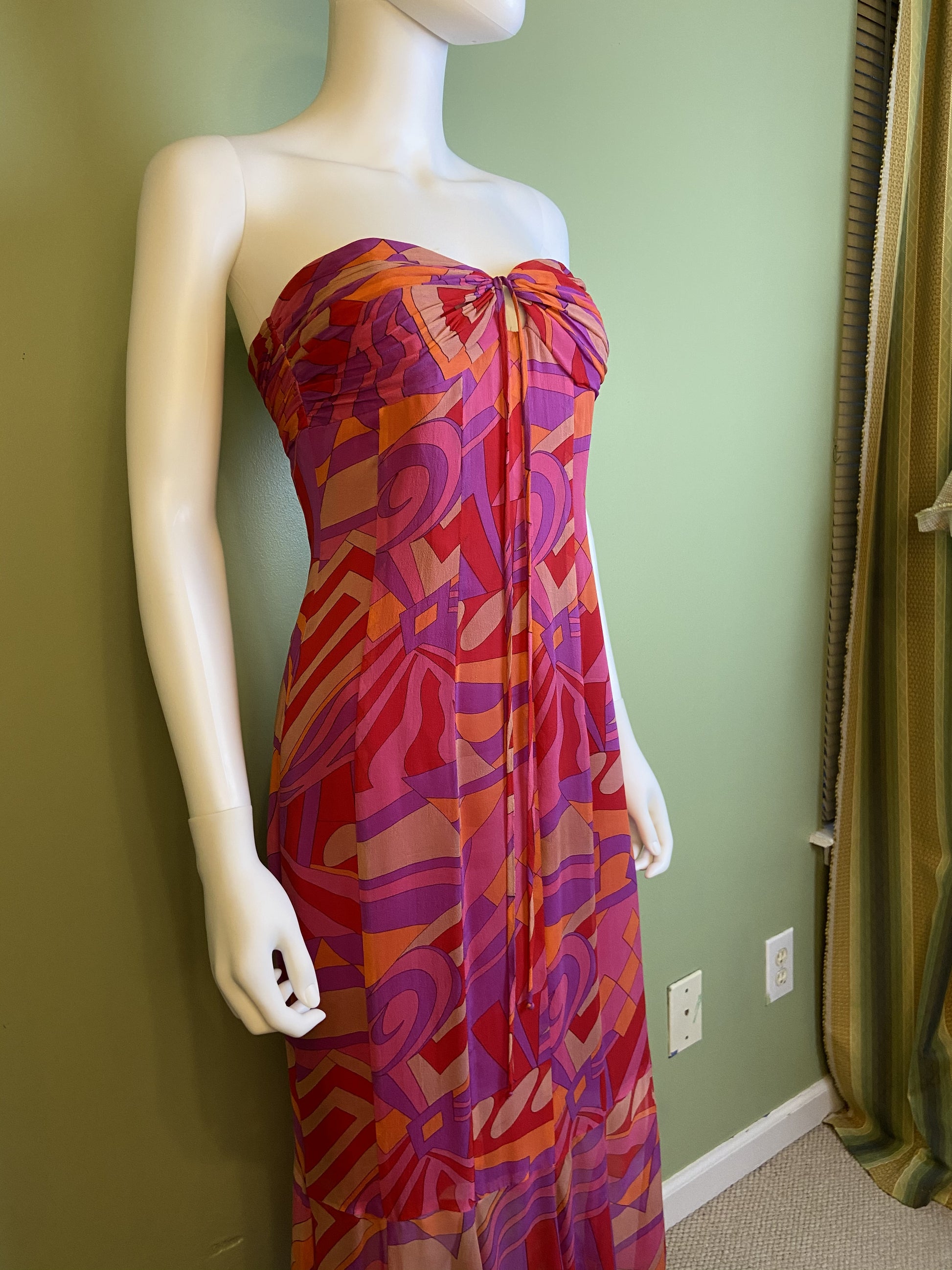 David Meister Pink Orange Strapless Bustier Silk Maxi Dress abby essie
