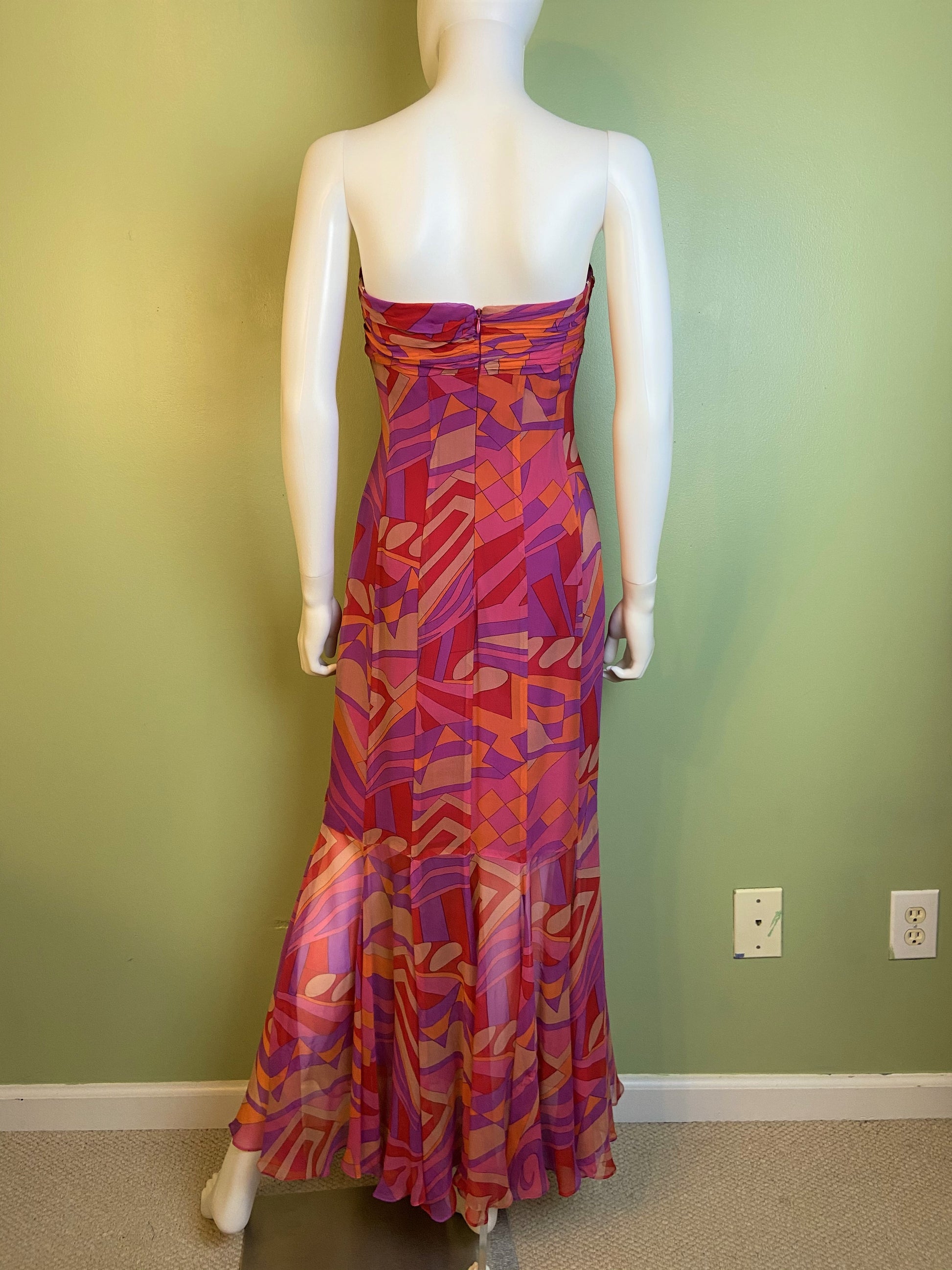David Meister Pink Orange Strapless Bustier Silk Maxi Dress abby essie