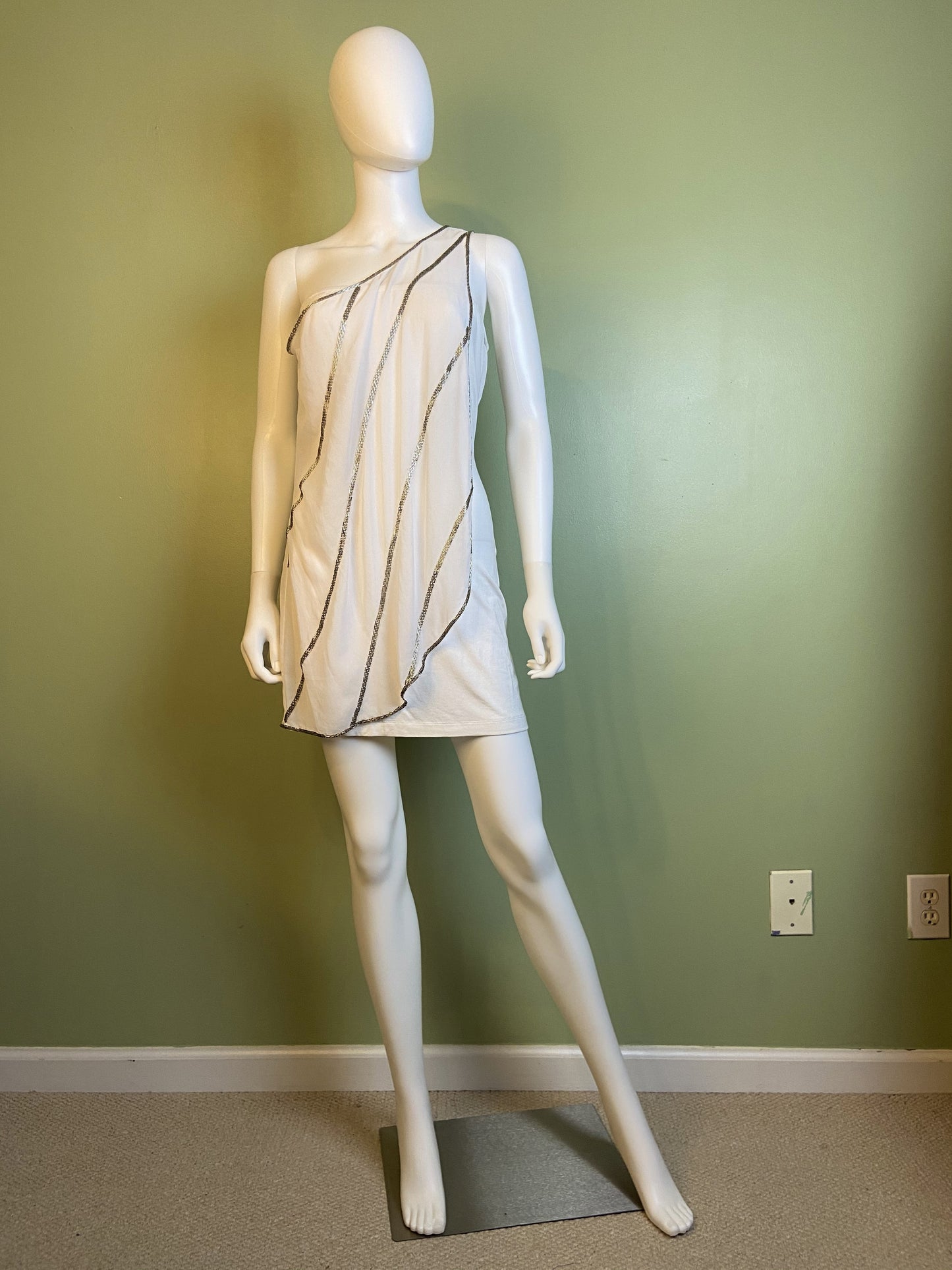 White Silver Beaded Grecian Stretch Mini Dress