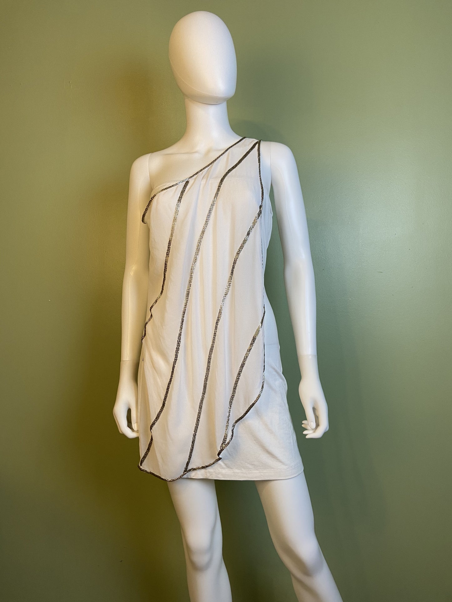 White Silver Beaded Grecian Stretch Mini Dress