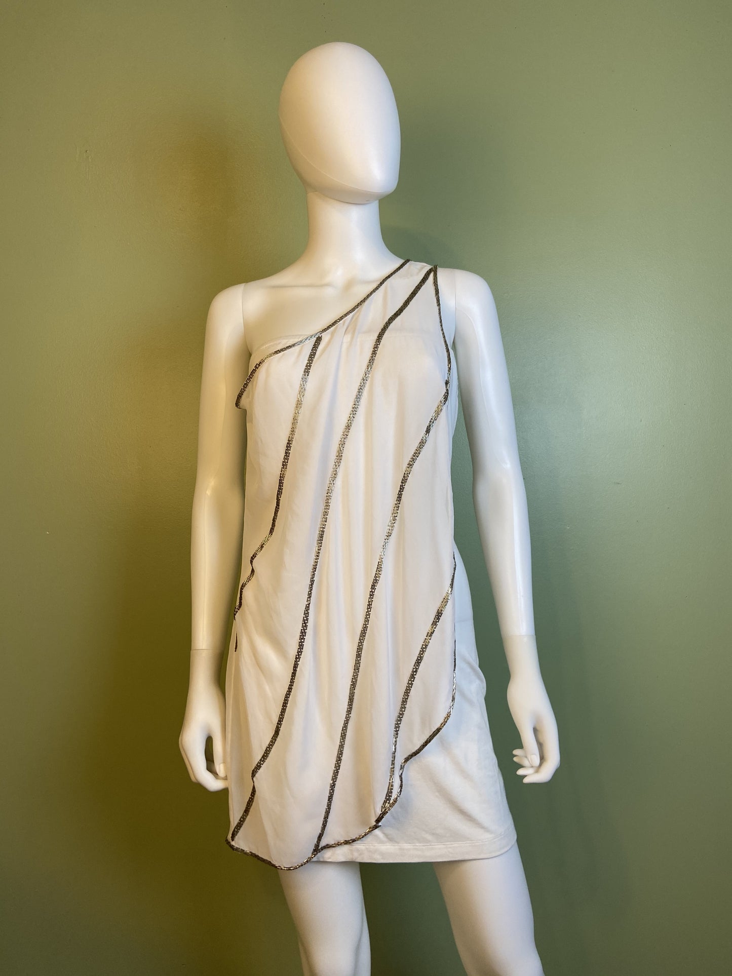 White Silver Beaded Grecian Stretch Mini Dress