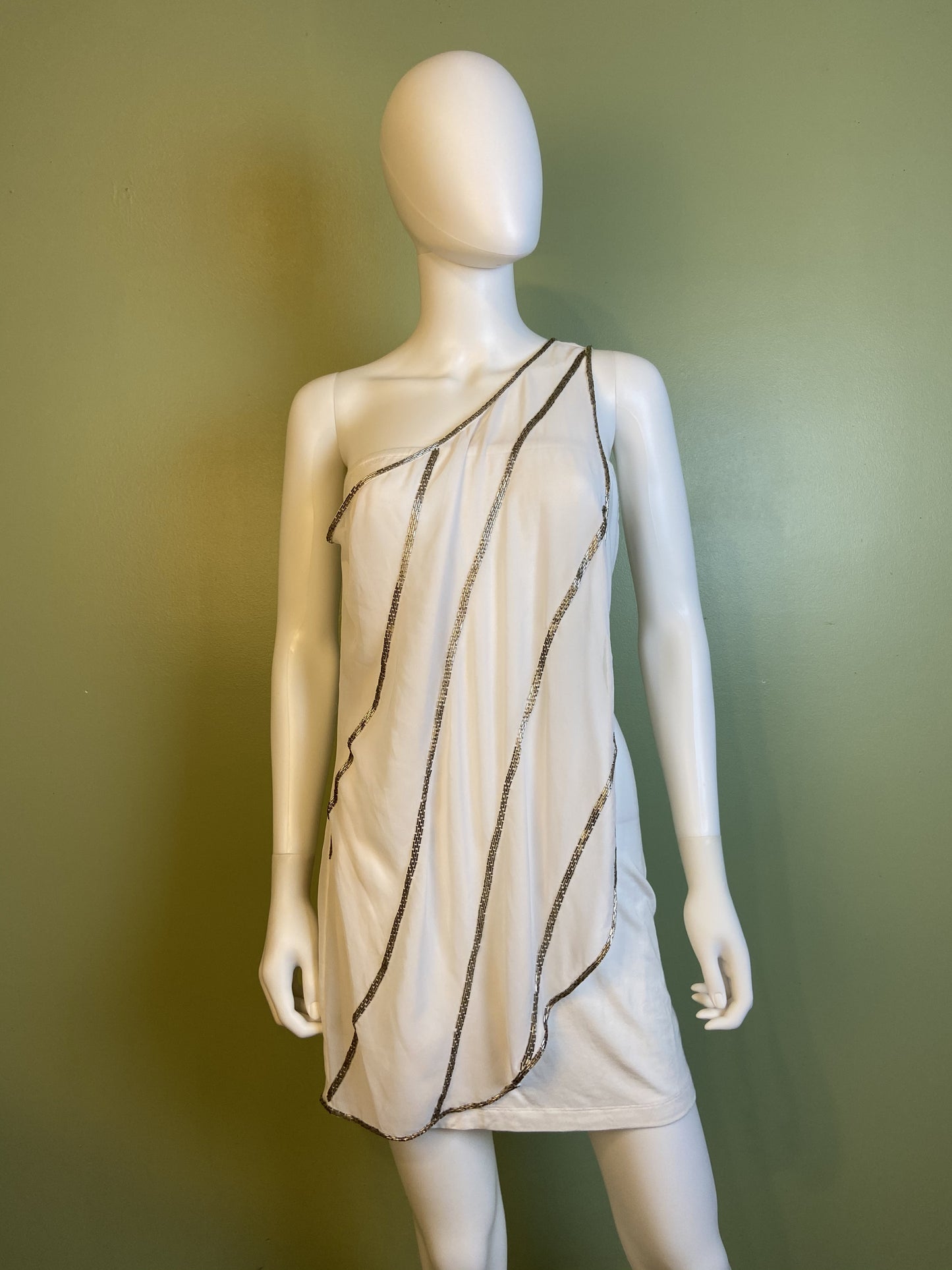White Silver Beaded Grecian Stretch Mini Dress