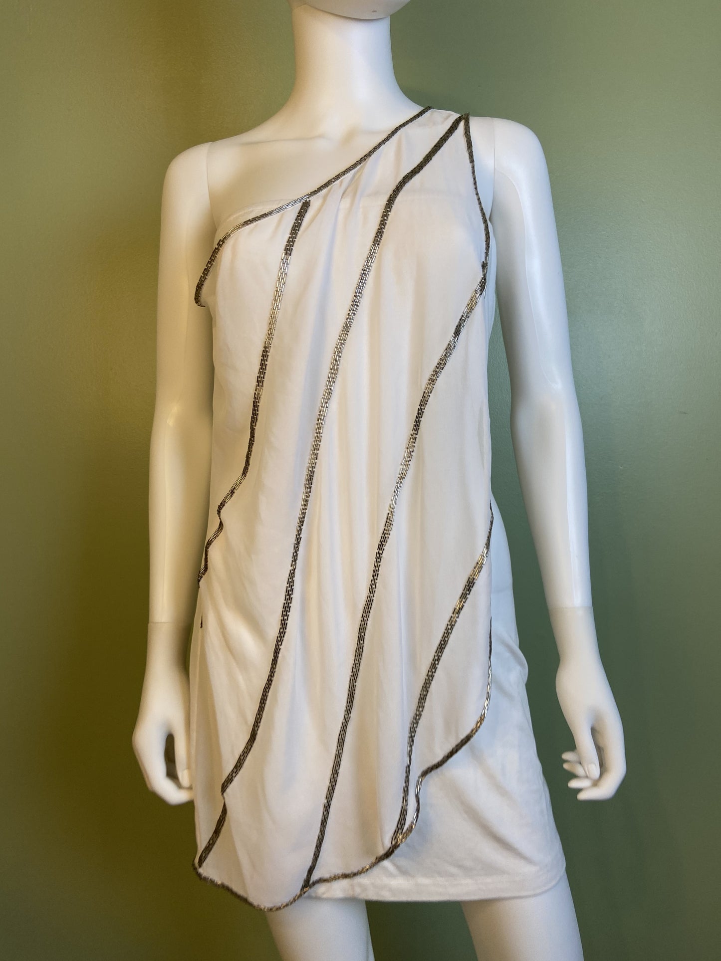 White Silver Beaded Grecian Stretch Mini Dress