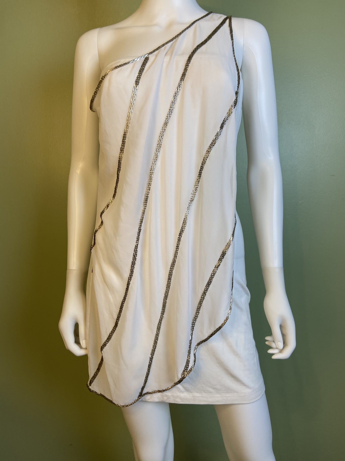 White Silver Beaded Grecian Stretch Mini Dress