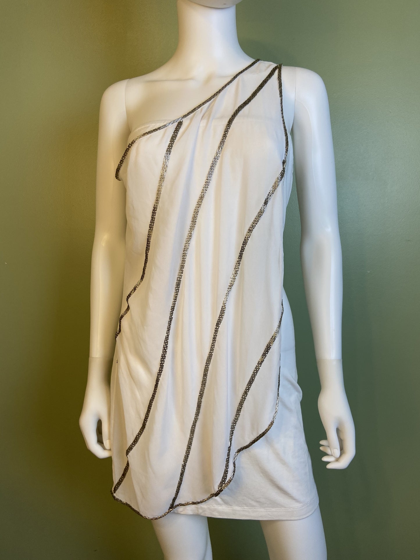 White Silver Beaded Grecian Stretch Mini Dress
