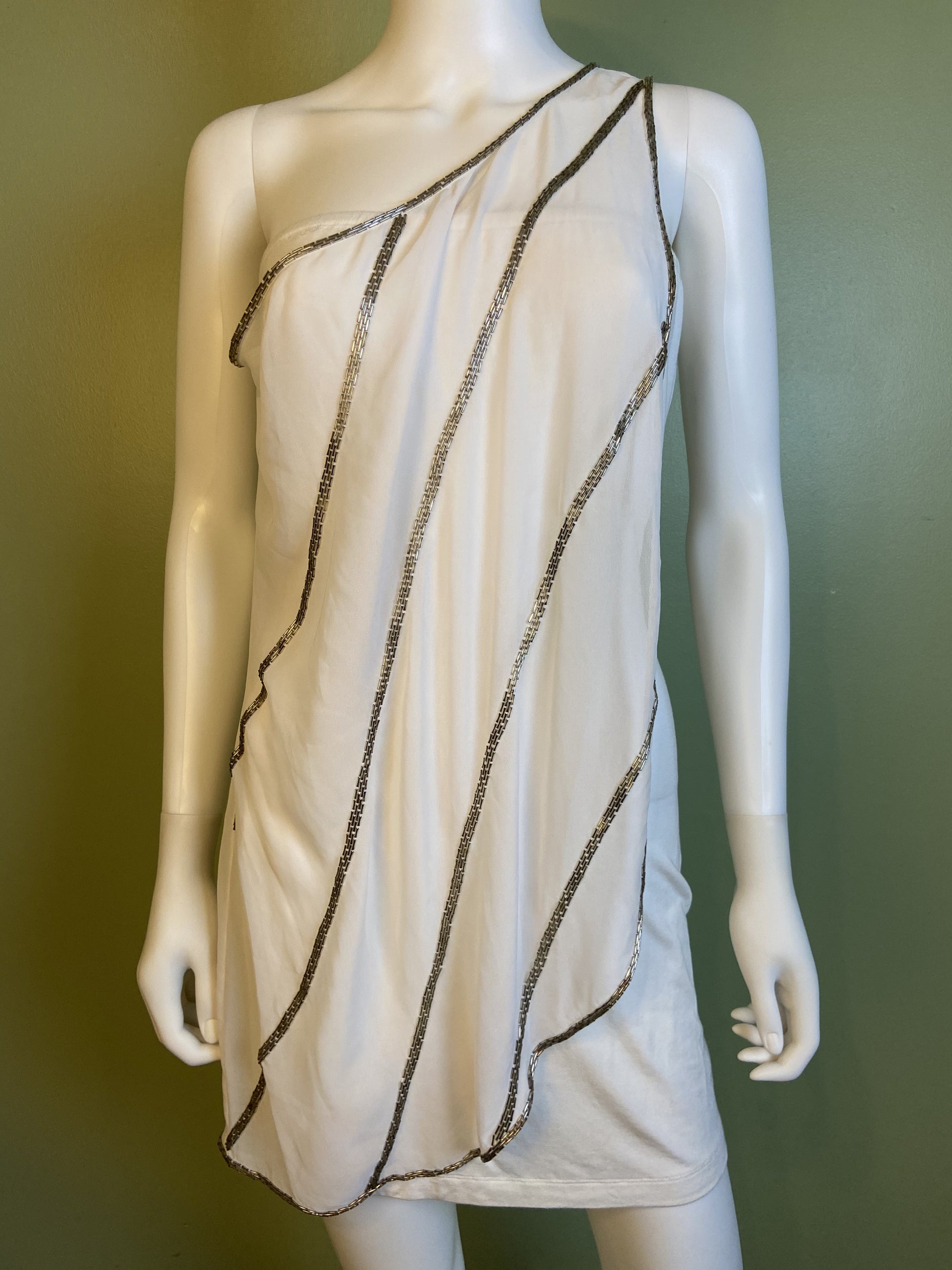 White Silver Beaded Grecian Stretch Mini Dress ABBY ESSIE Designer & Vintage